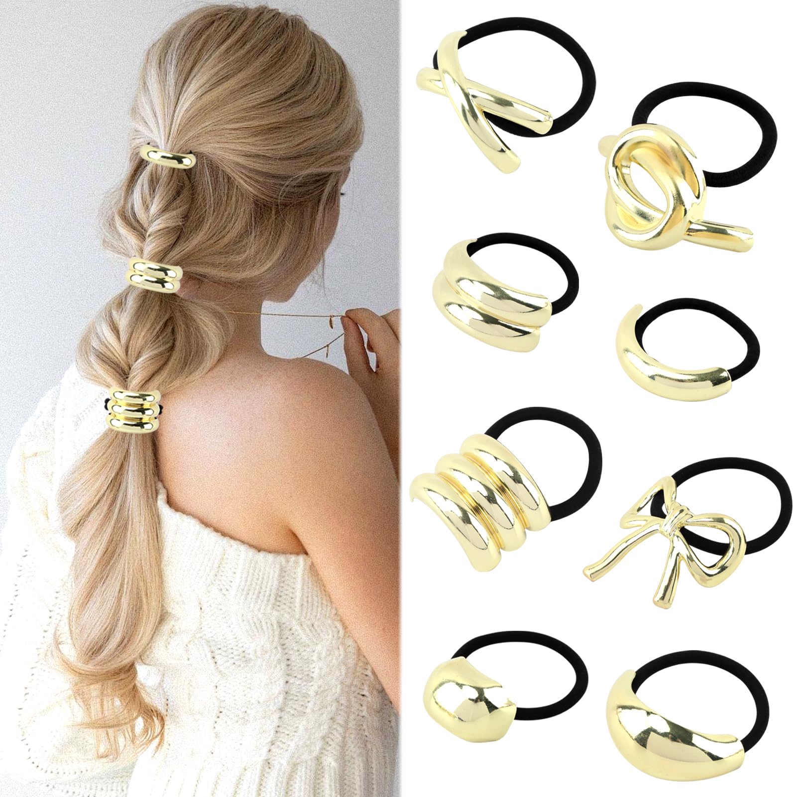 8Pcs Hair Ties,Metal Gold Elastic Hair Cuffs,Metal Geometric Elastic Hair Ties,Gold Ponytail Cuff Elastic Hair Ties,Gold Hair Cu