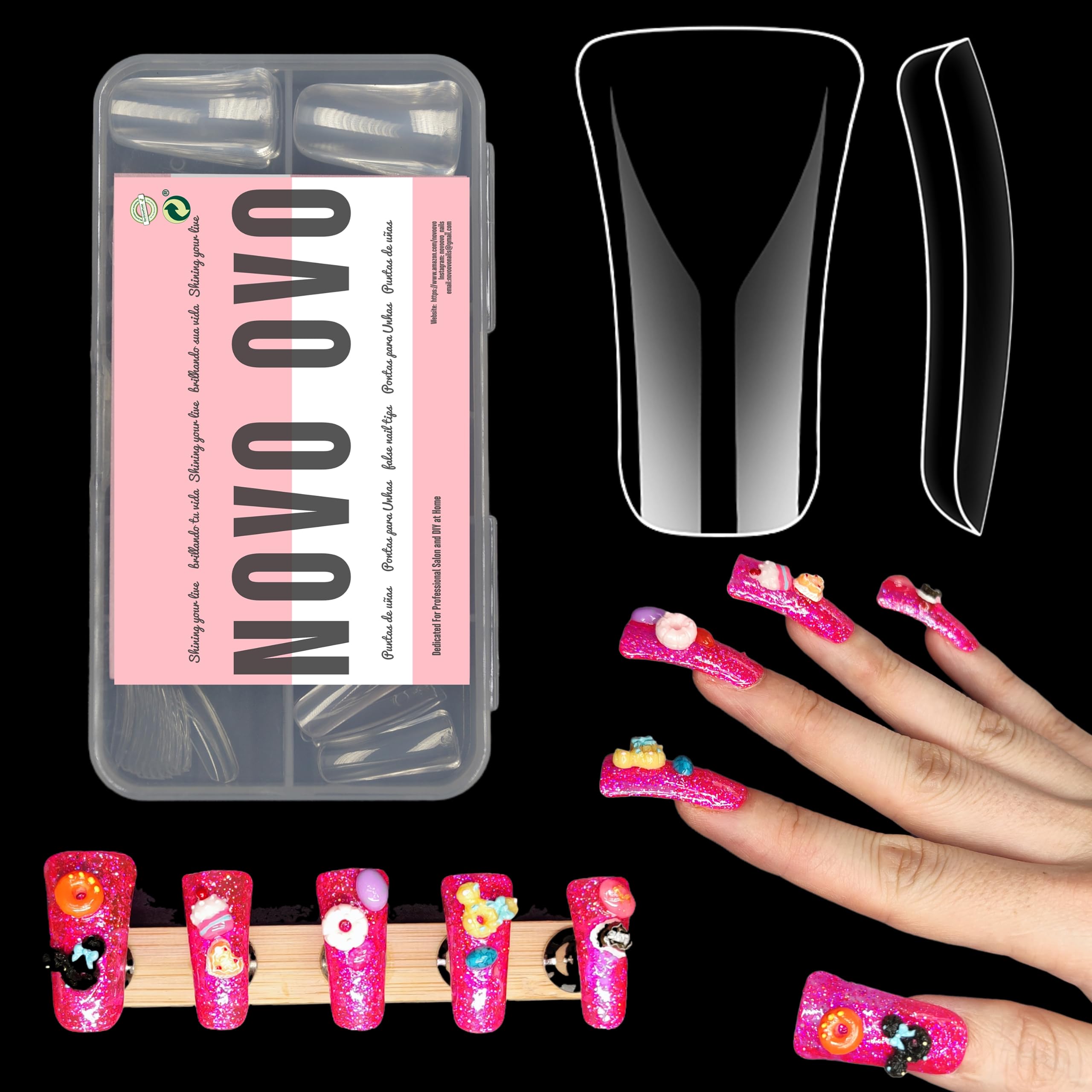 NOVO OVO 120 pcs Full Cover Duck Feet Nail Tips Press On for Acrylic, Clear Medium/Long Coverage Flare Y2K Vibe Wide French Soft