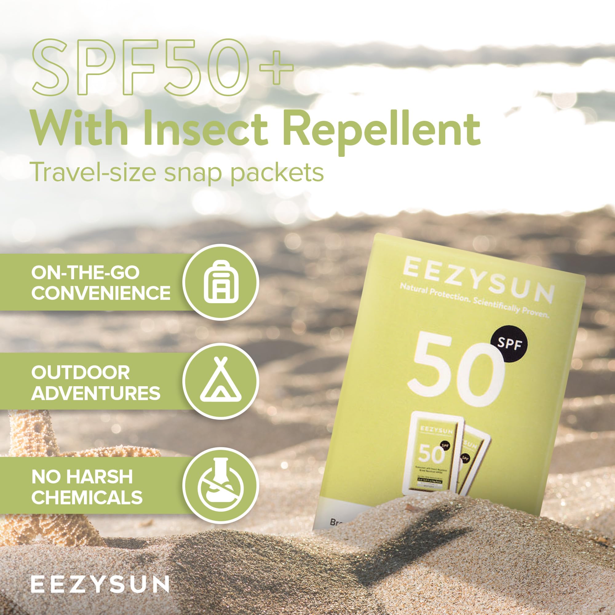 EEZYSUN SPF 50 Sunscreen and Insect Repellent Snap Packets - Sunscreen Travel Size Bug Repellent with Citronella Oil, Lemongrass