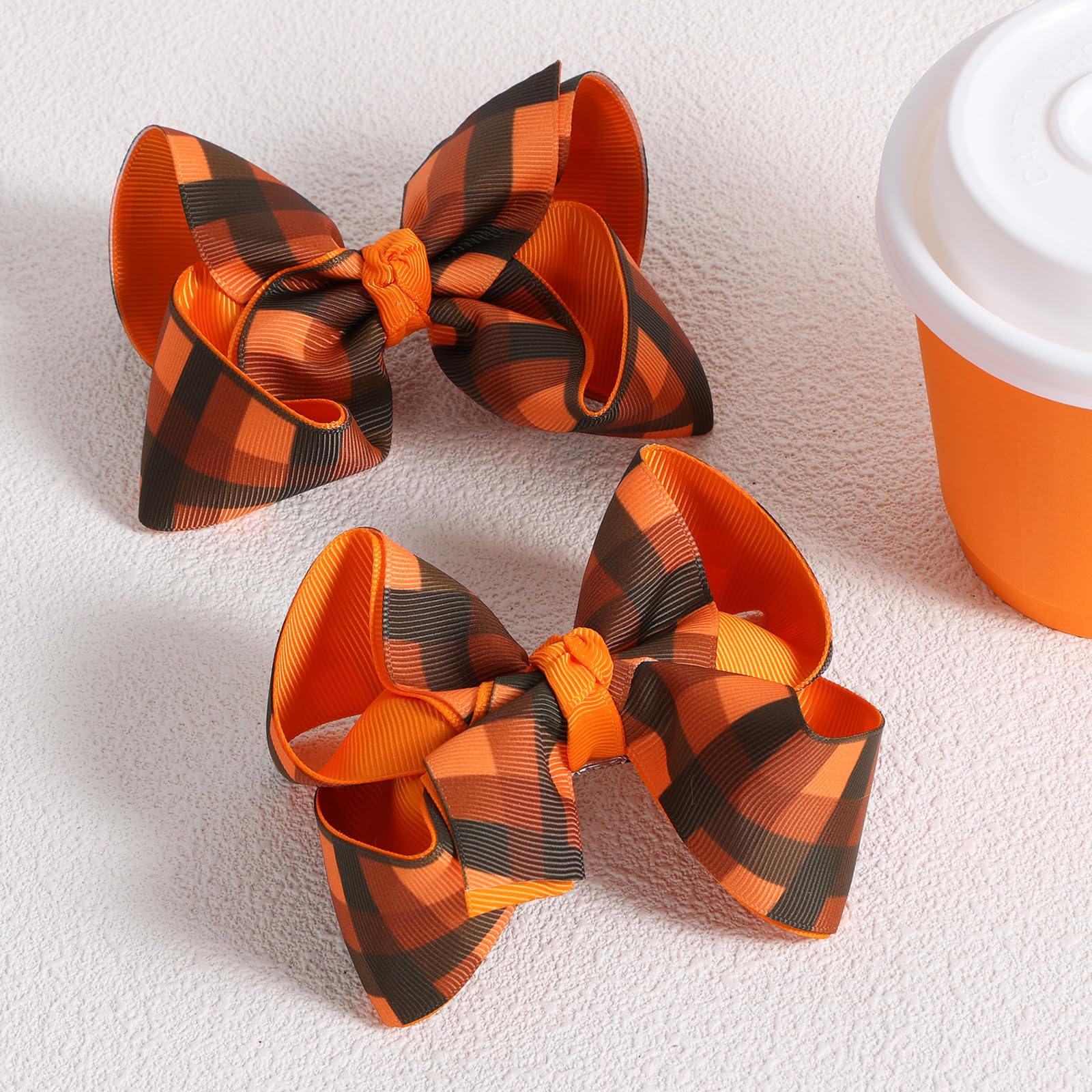 Fall Checkered Plaid Ribbon Hair Bows Clip 4.3'' For Teen Toddler Girls Happy Fall Give Thanks Day Cheer Barrette Alligator Hair