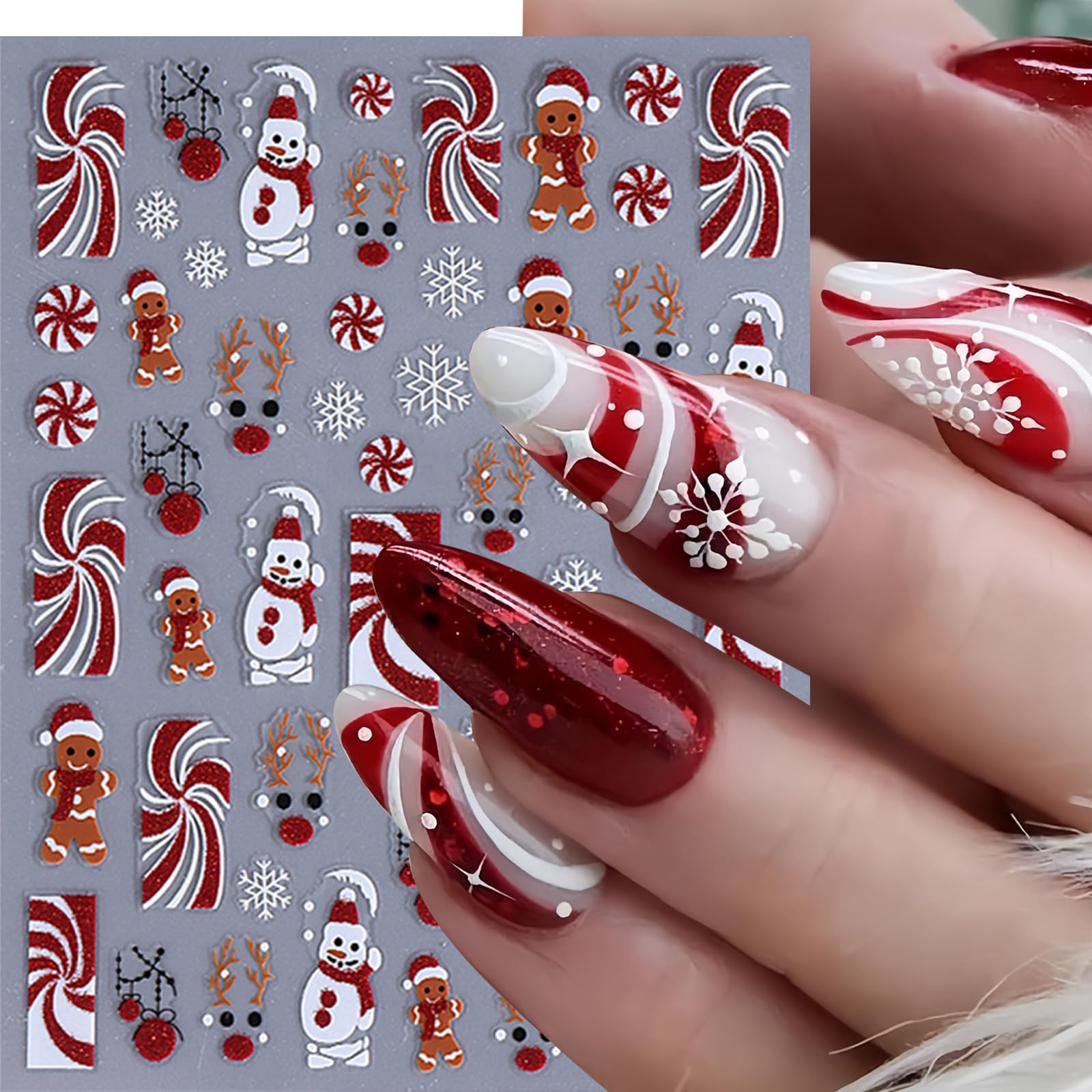 8 Sheets Christmas Nail Art Sticker Xmas Winter 3D Self-Adhesive Nail Decals Cute Snowmen Snowflake Gingerbread Man Nail Supplie