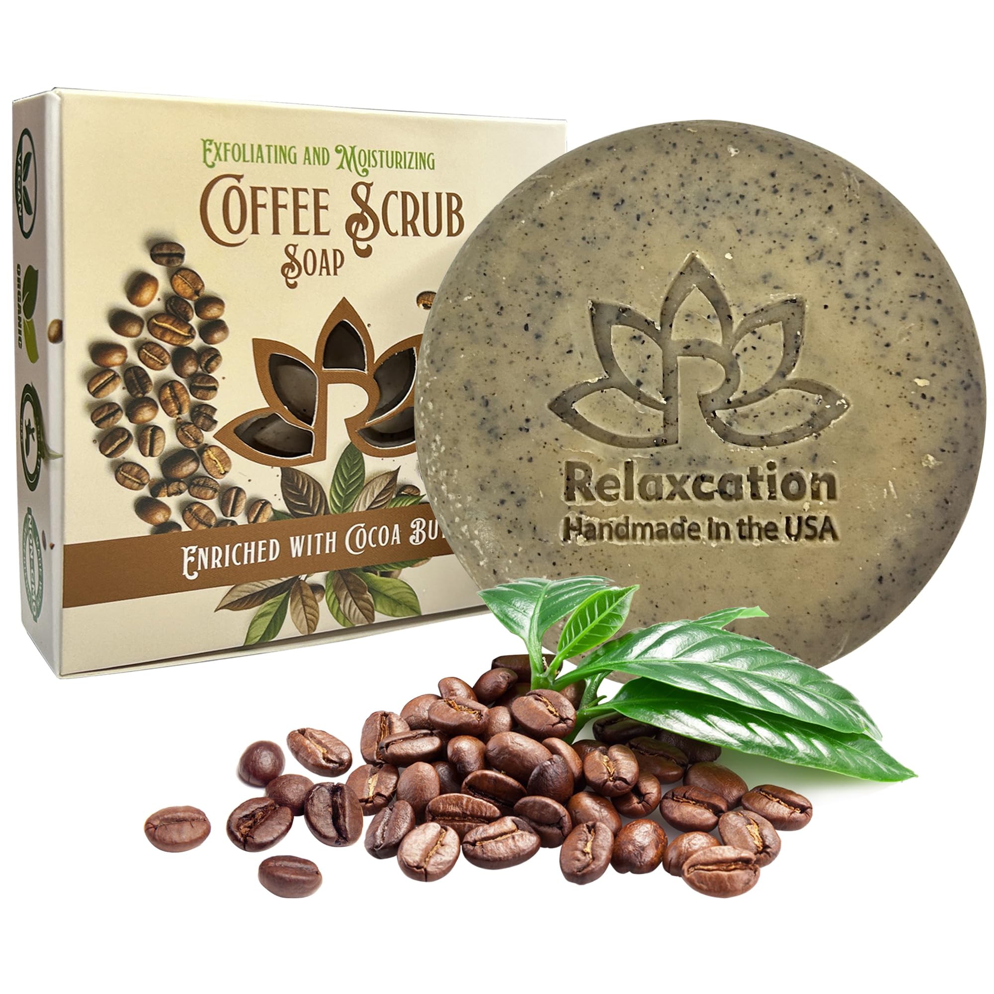 Relaxcation 100% Natural Coffee Scrub Soap Bar with Organic Cocoa Butter and Fresh Ground Coffee  Natural Cold Process Soap Han