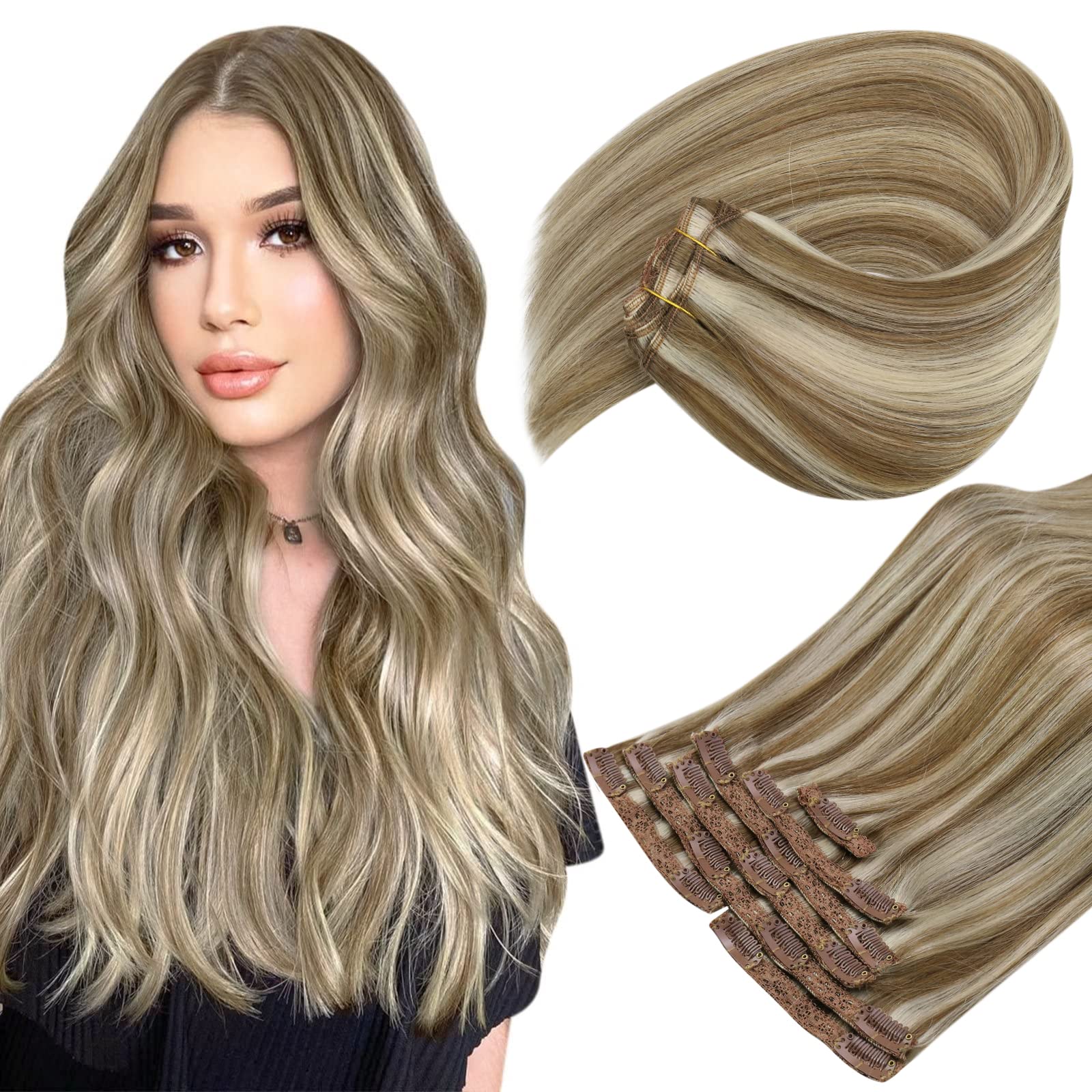 Sunny Real Human Hair clip in Hair Extensions Blonde Brown Highlights clip in Remy Hair Extensions Light Brown with Platinum Blo