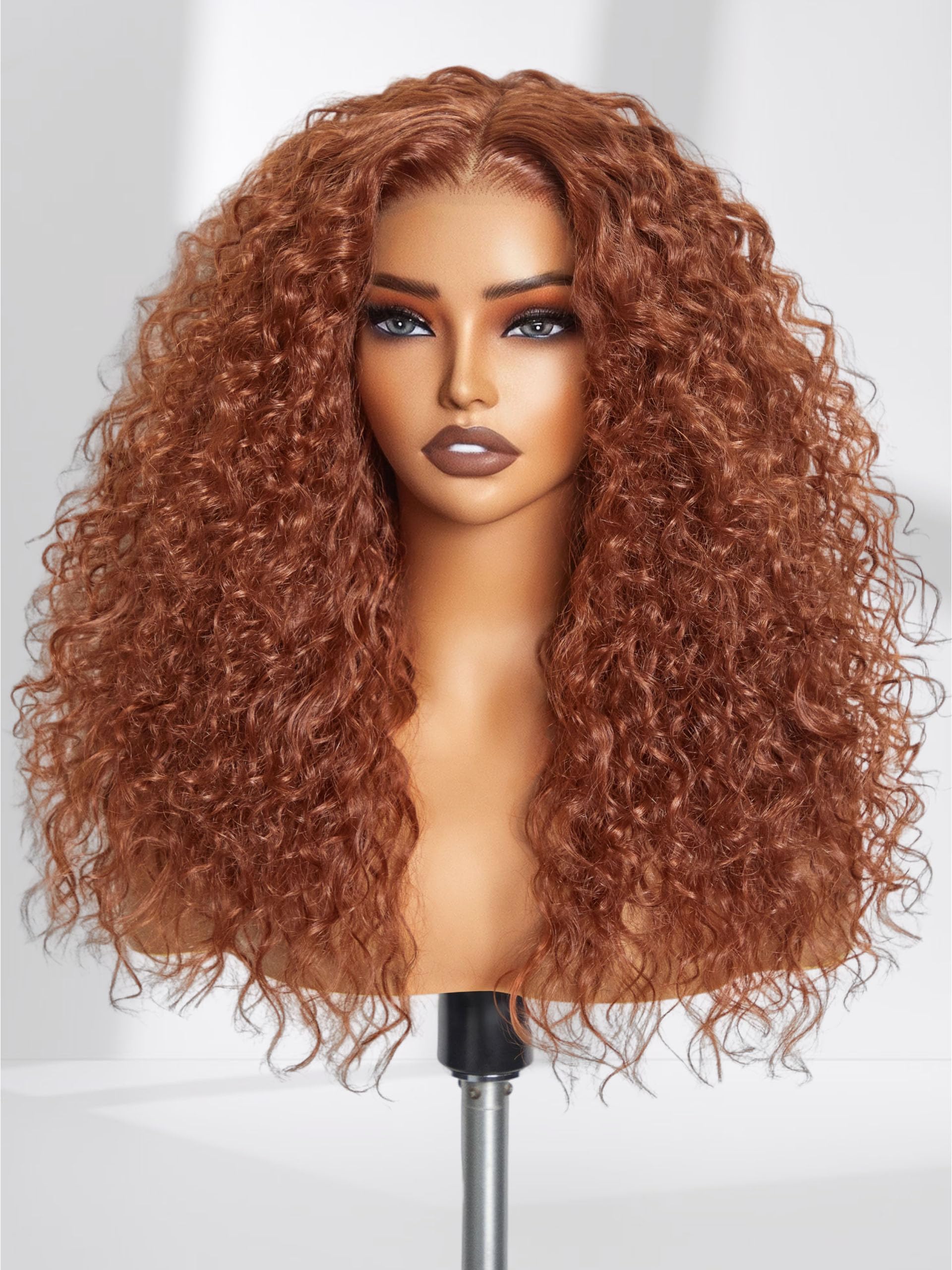 GORGIUS Ginger Brown Curly Lace Front Wig Pre Cut Glueless Highlighted Synthetic Wig Deep Curl Middle Part Lace Wig Upgraded wit