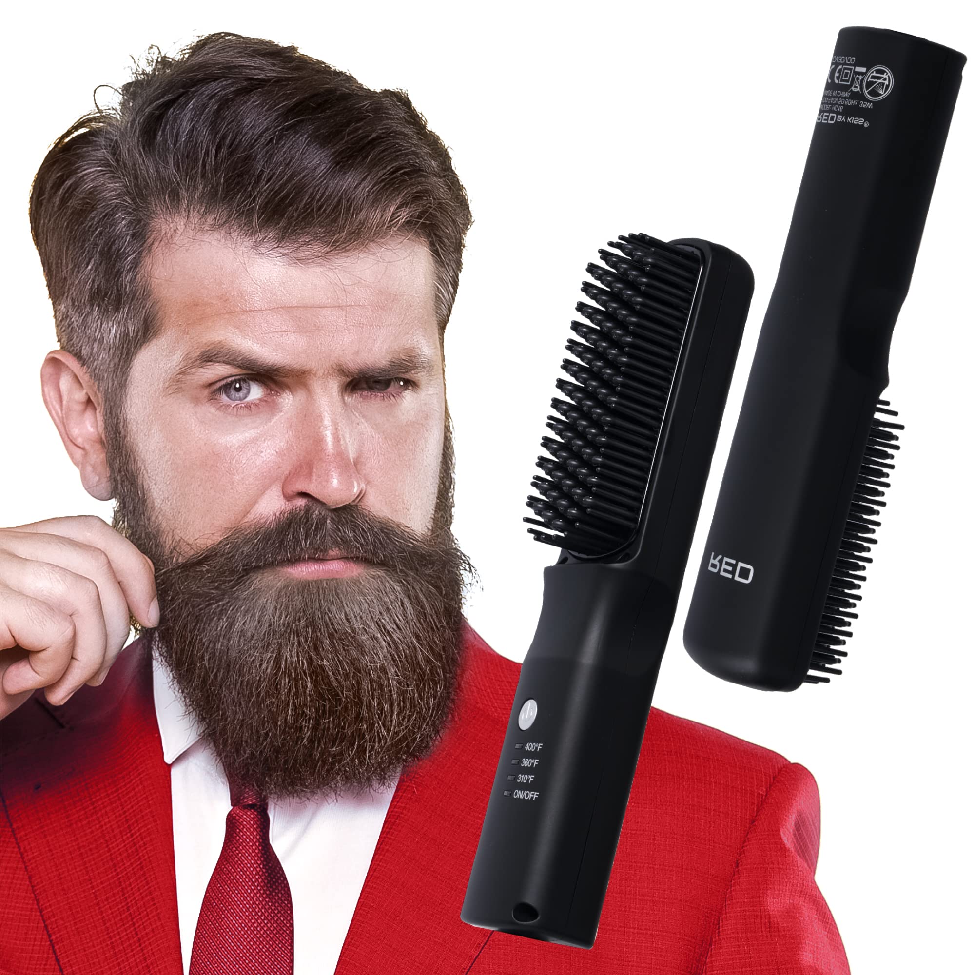 Red by Kiss Beard & Hair Straightener, Secure Auto Shut-Off, 2 in 1 Heated Straightening Beard Brush 360 degree swivel cord Temp