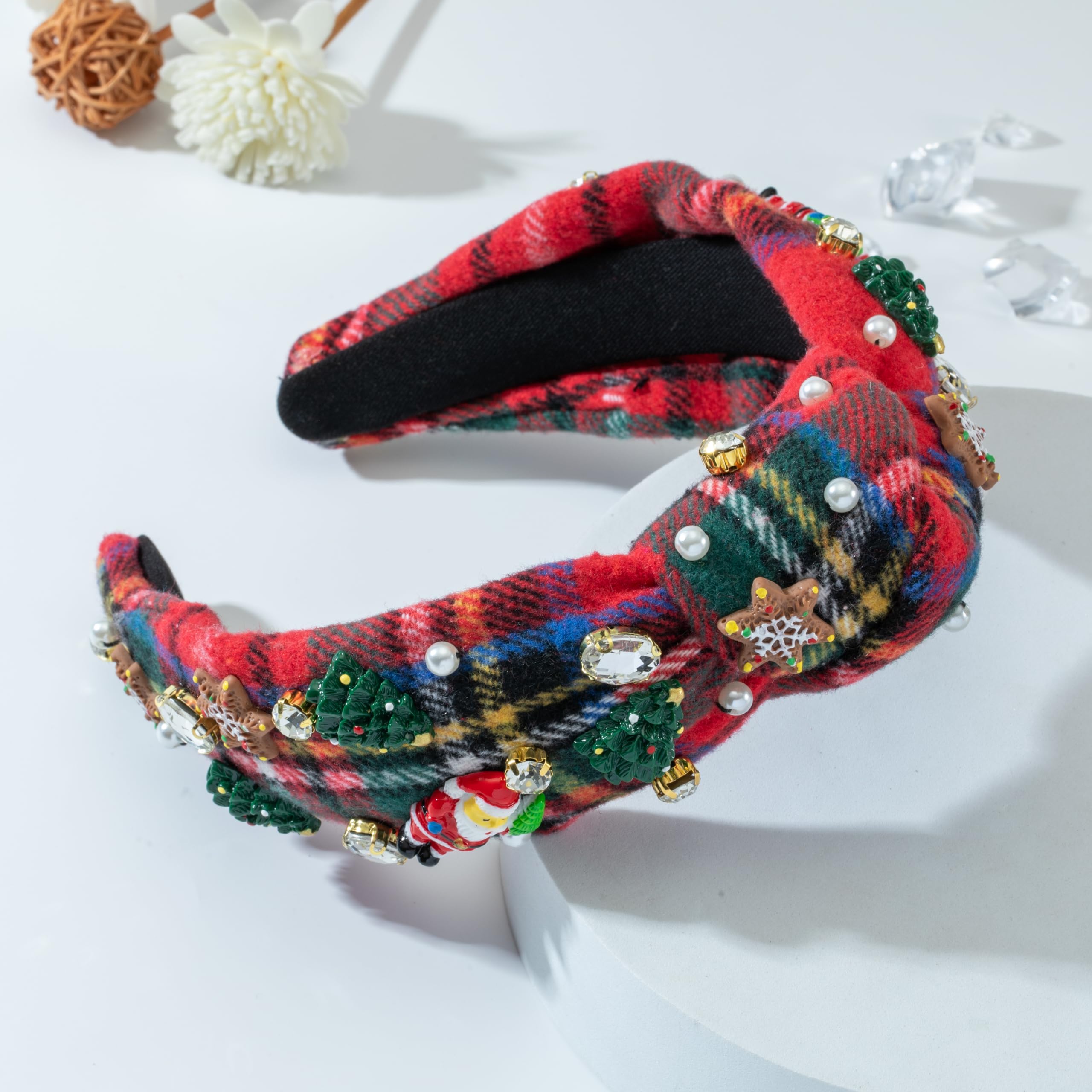 Mixcbe Christmas Jeweled Headband For Women Rhinestone Xmas Tree Snowflake Santa Embellished Knotted Hairband Xmas Twist Wide Re