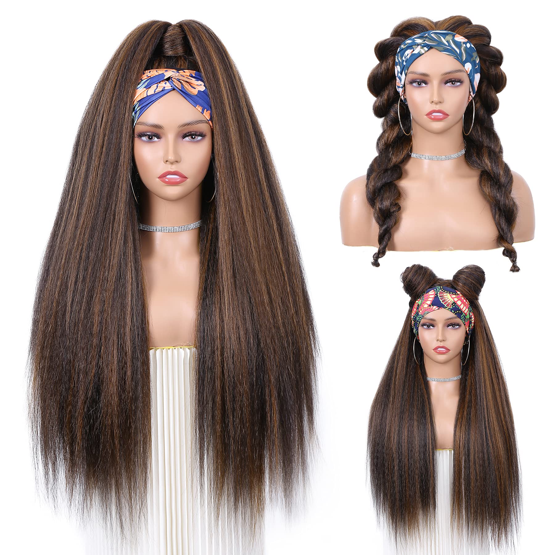 WIGNEE 26 Inches Kinky Straight Headband Wig for Women Yaki Straight Wigs with Black Headband Kinky Afro Wigs For Black Women(Br