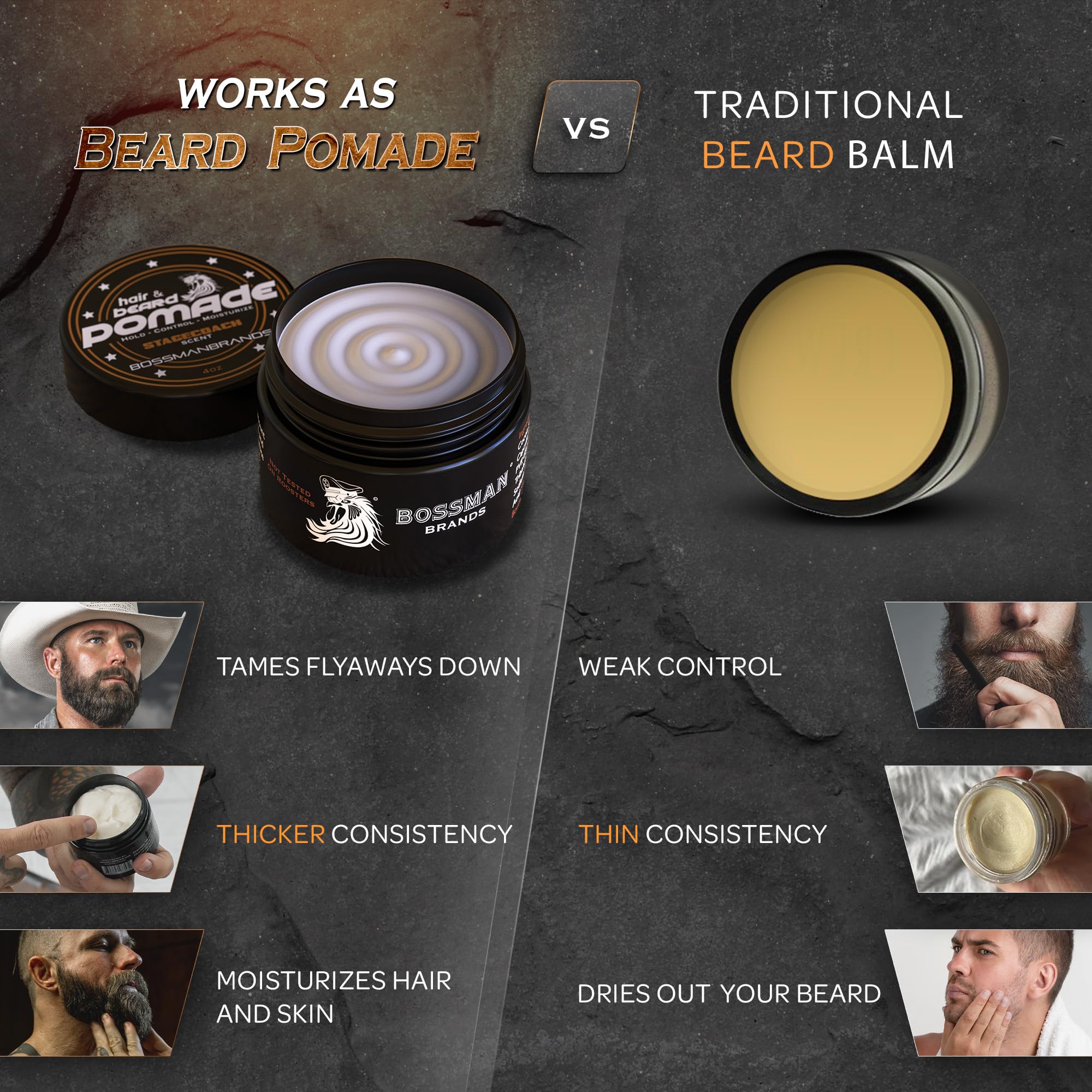 Bossman Hair & Beard Pomade - Longer Hold, Control And Moisturizing Hair, Beard And Moustache Styling Product - Made In Usa (Sta
