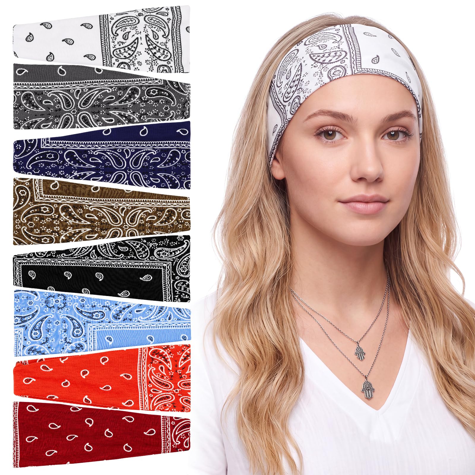 obeoby 8 Pack Paisley Headbands for Women, Wide Stretchy Hair Bands
