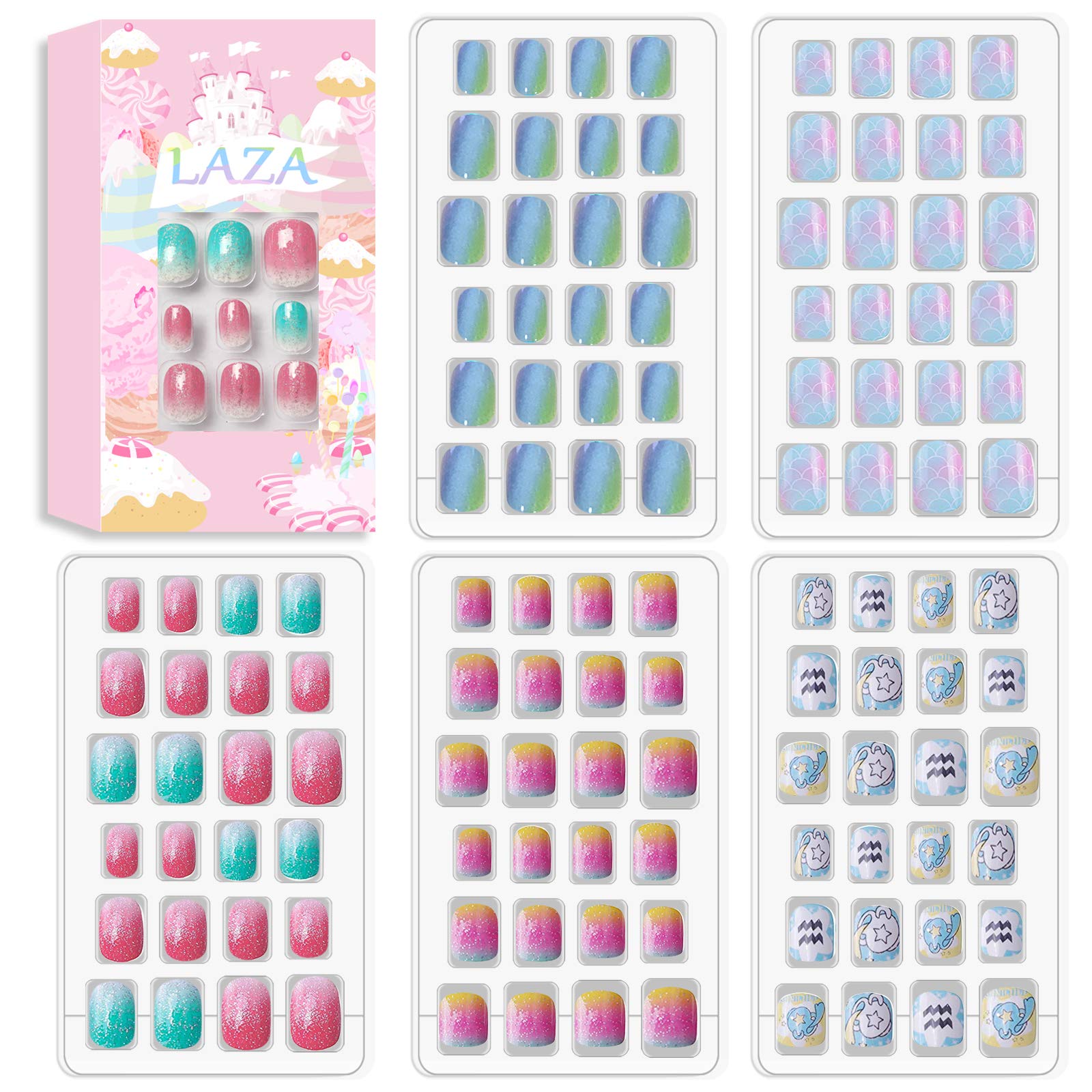 Laza 120pcs Children Nails Press On Pre-glue Full Cover Nail Tips Kit Glitter Gradient Color Rainbow Short Artificial False Nail