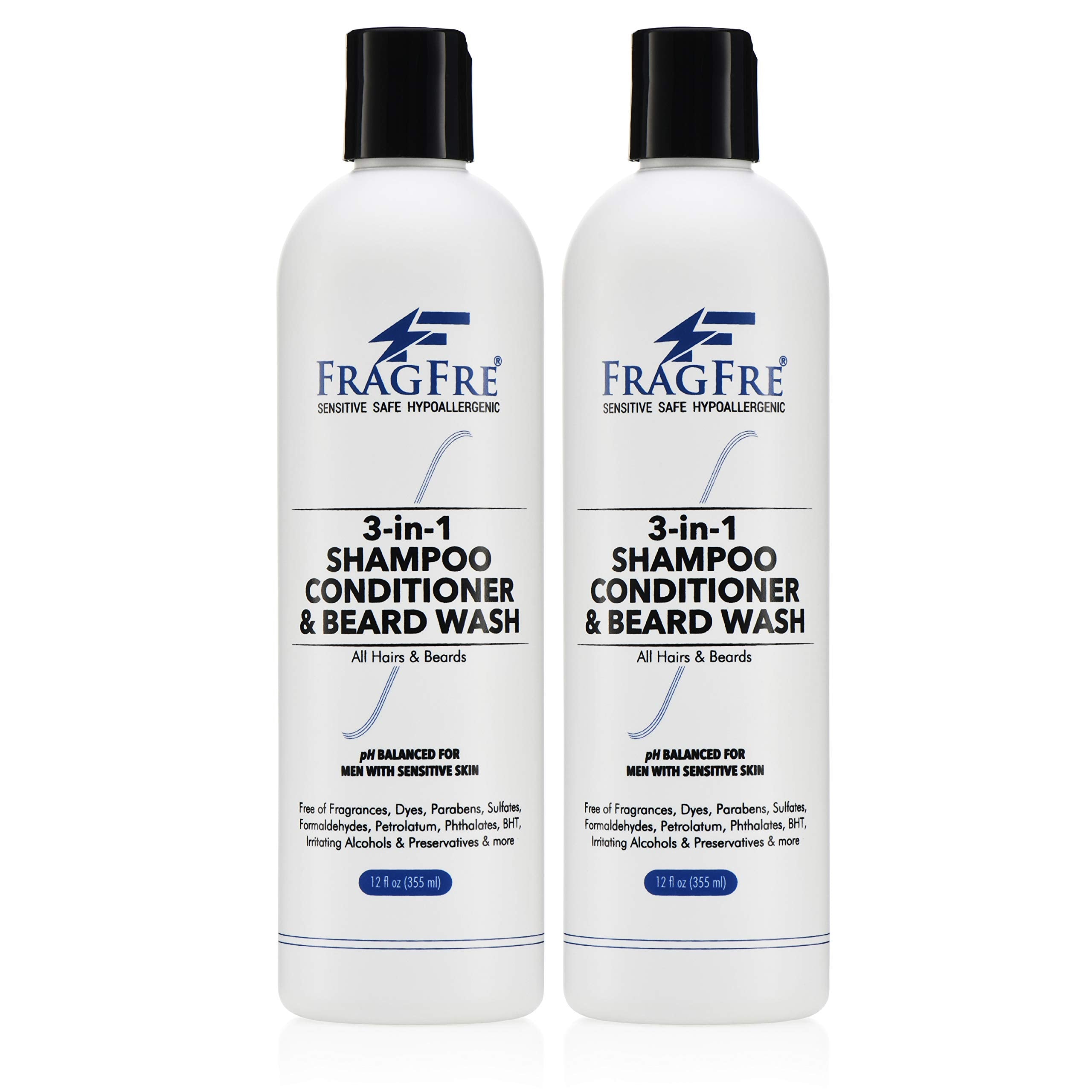FRAGFRE 3 in 1 Shampoo Conditioner and Beard Wash for Men 12 oz (2-Pack Gift Set) - Unscented Beard Wash for Sensitive Skin - On