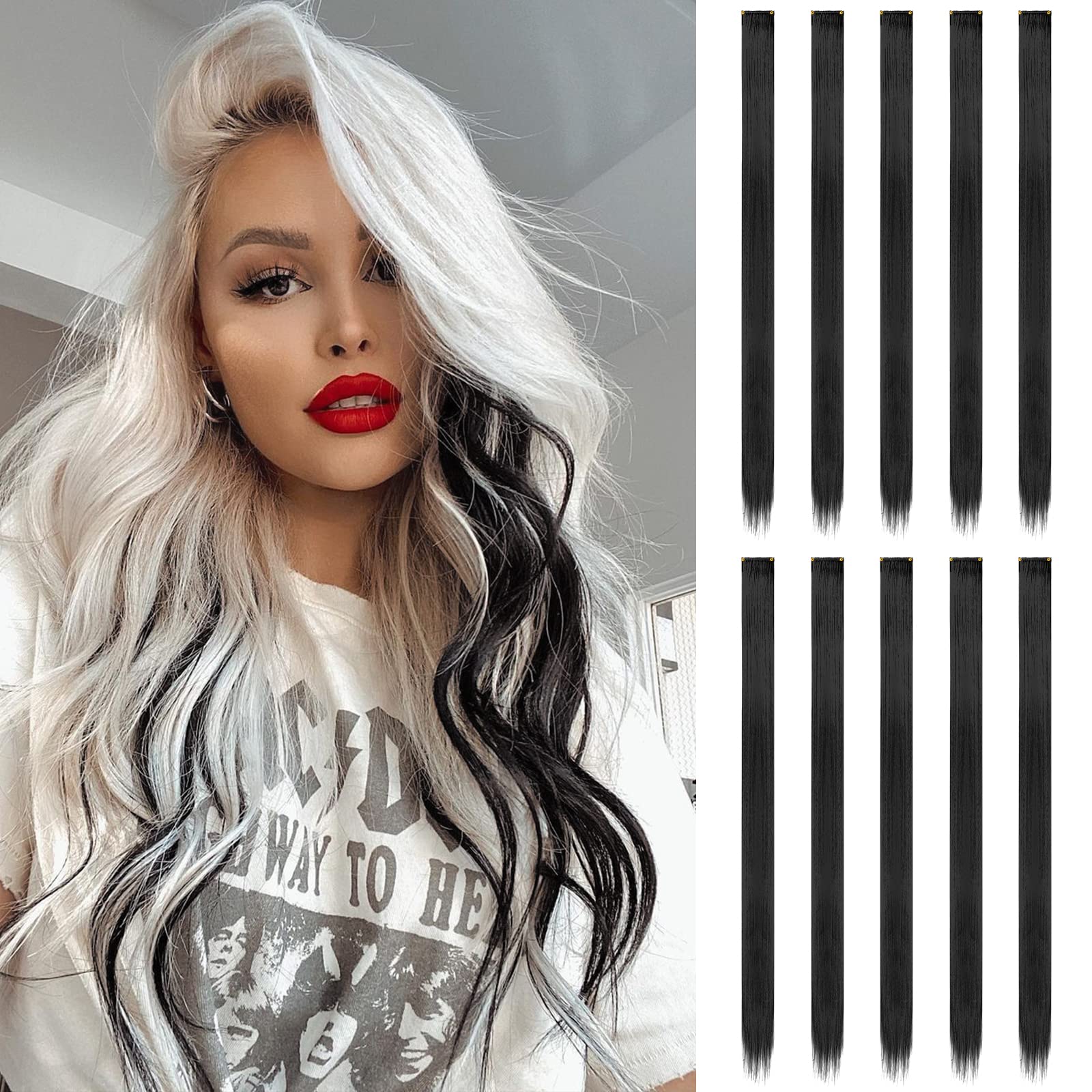 FESHFEN Colored Hair Extensions, Black Clip in Hair Extension 10 PCS Highlight Colorful Hair Piece Straight Synthetic Clip in Ha