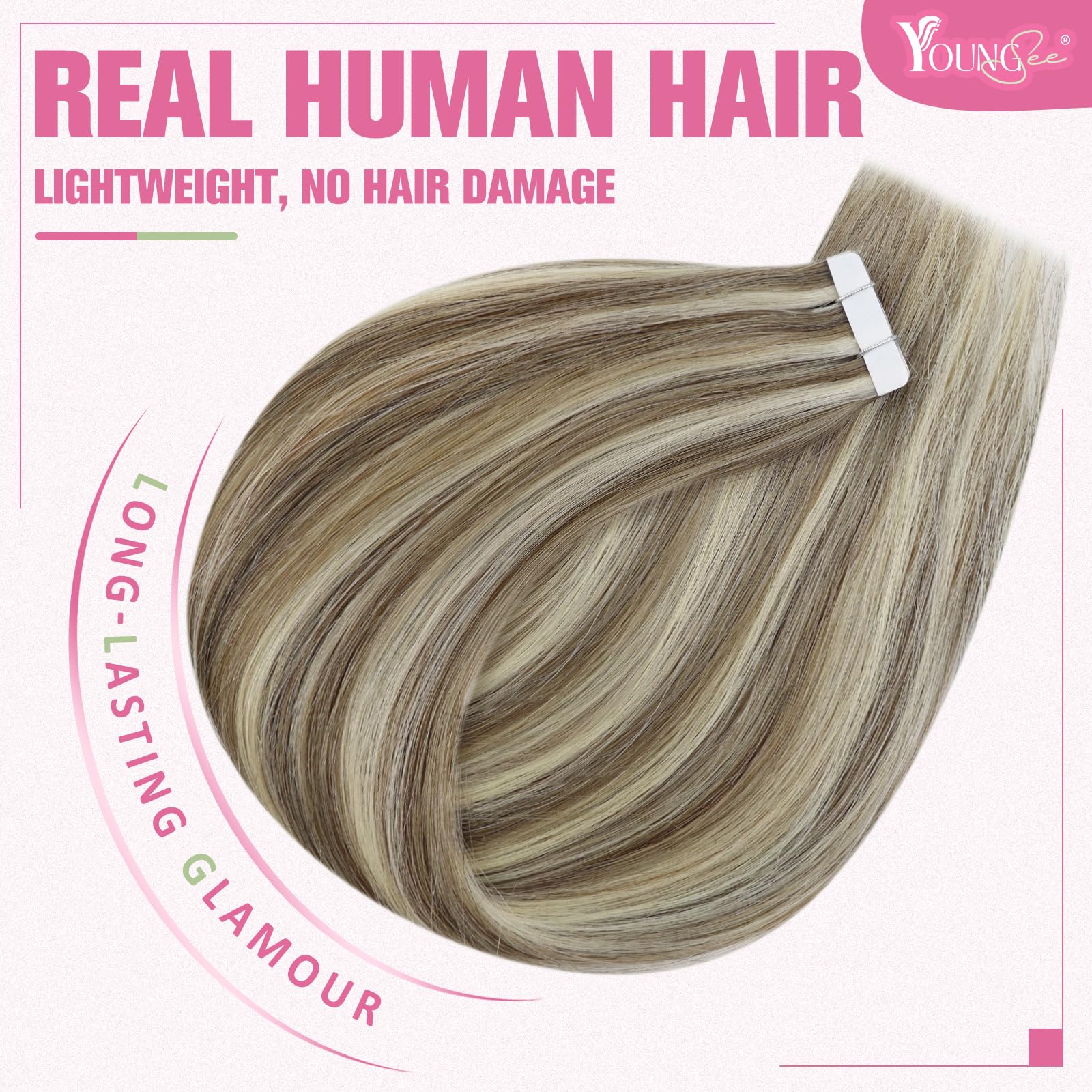 YoungSee Tape in Extensions Human Hair Highlight Brown Tape Hair Extensions Real Human Hair Light Brown Highlight Blonde Tapein
