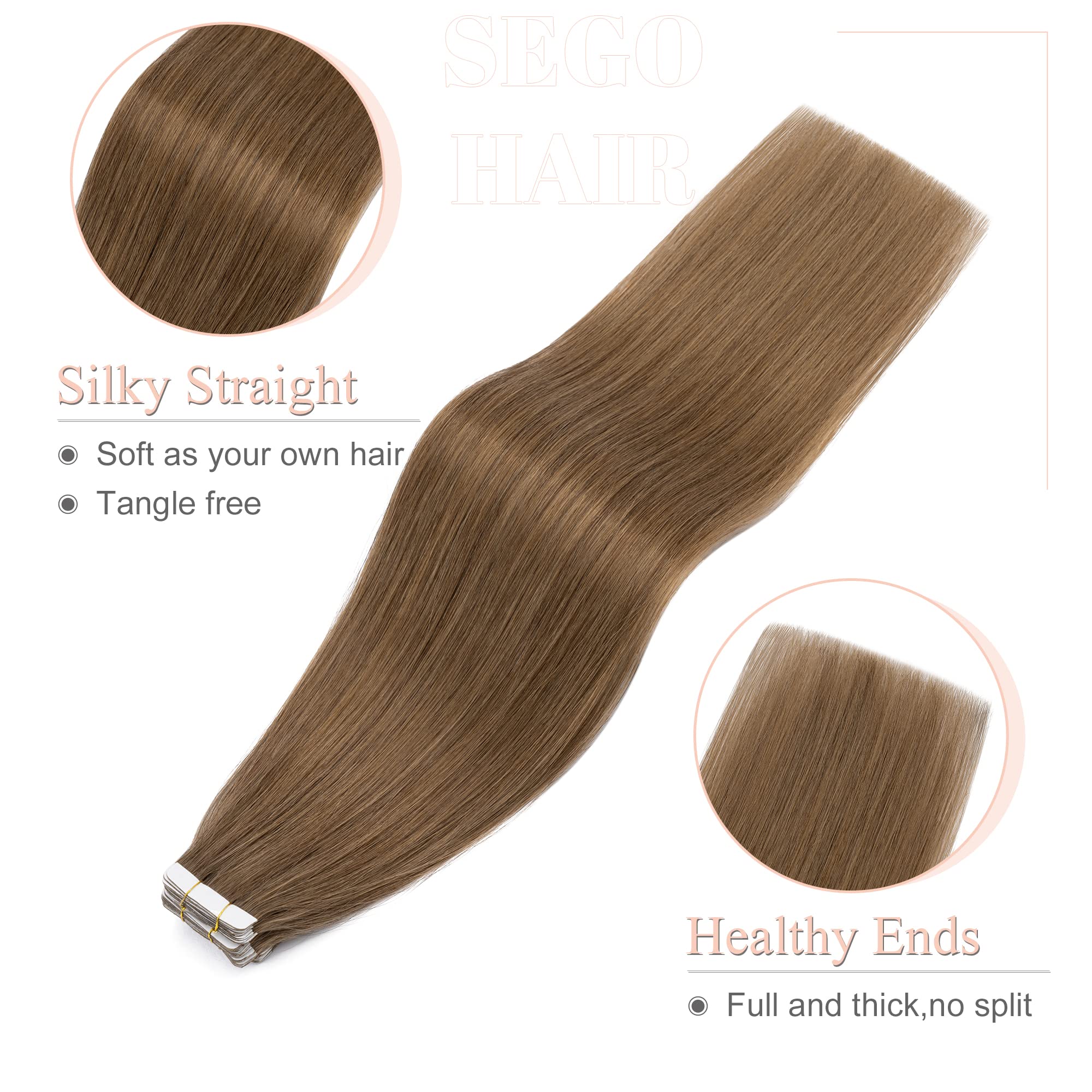 Sego Tape In Hair Extensions Human Hair 18 Inch Light Brown 20Pcs 50G Straight Natural 100% Remy Rooted Seamless Skin Weft Invis