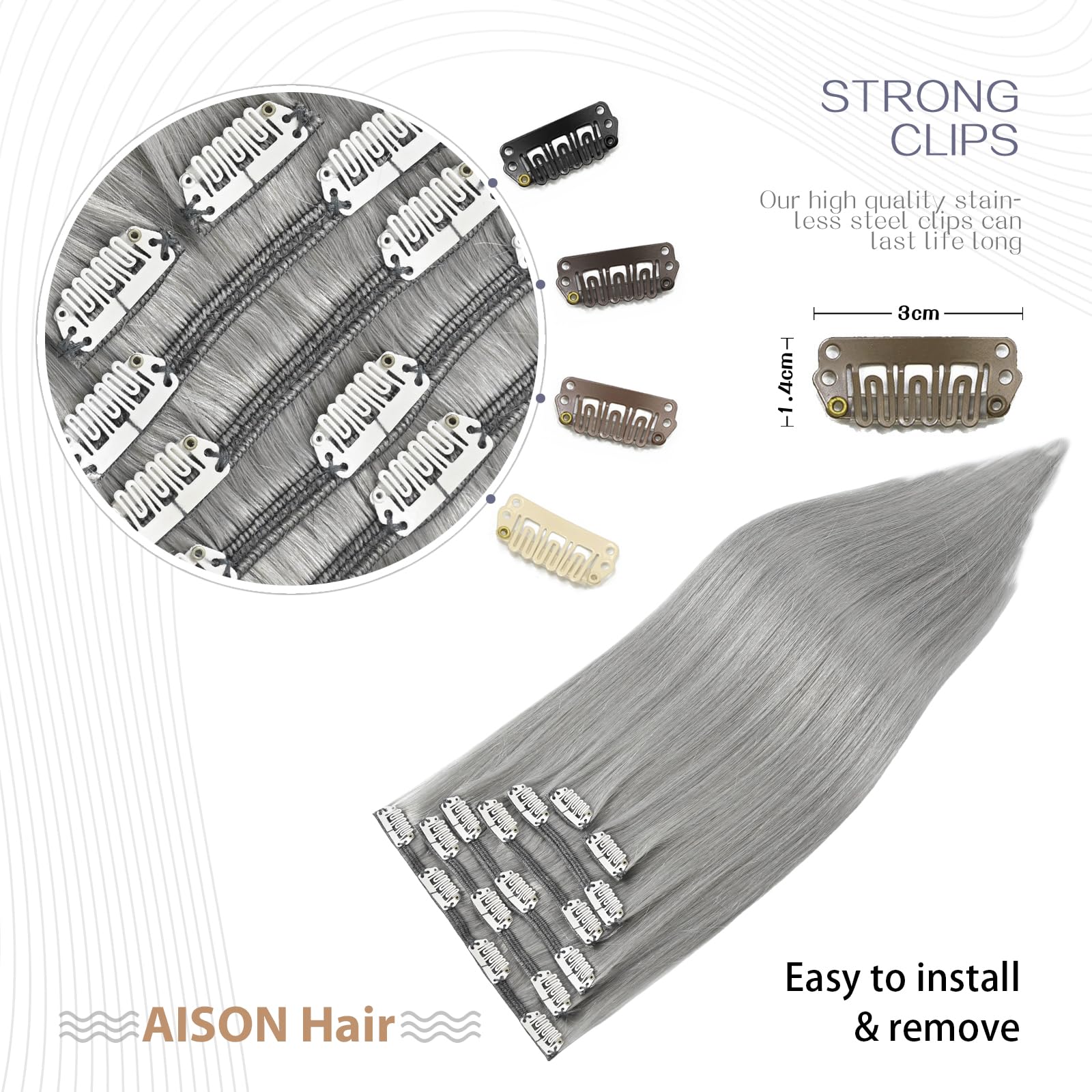 Aison Silver Clip In Hair Extensions Real Human Hair 70G Grey Remy Human Hair Clip In Extensions 18 Inch Soft Silky Straight For