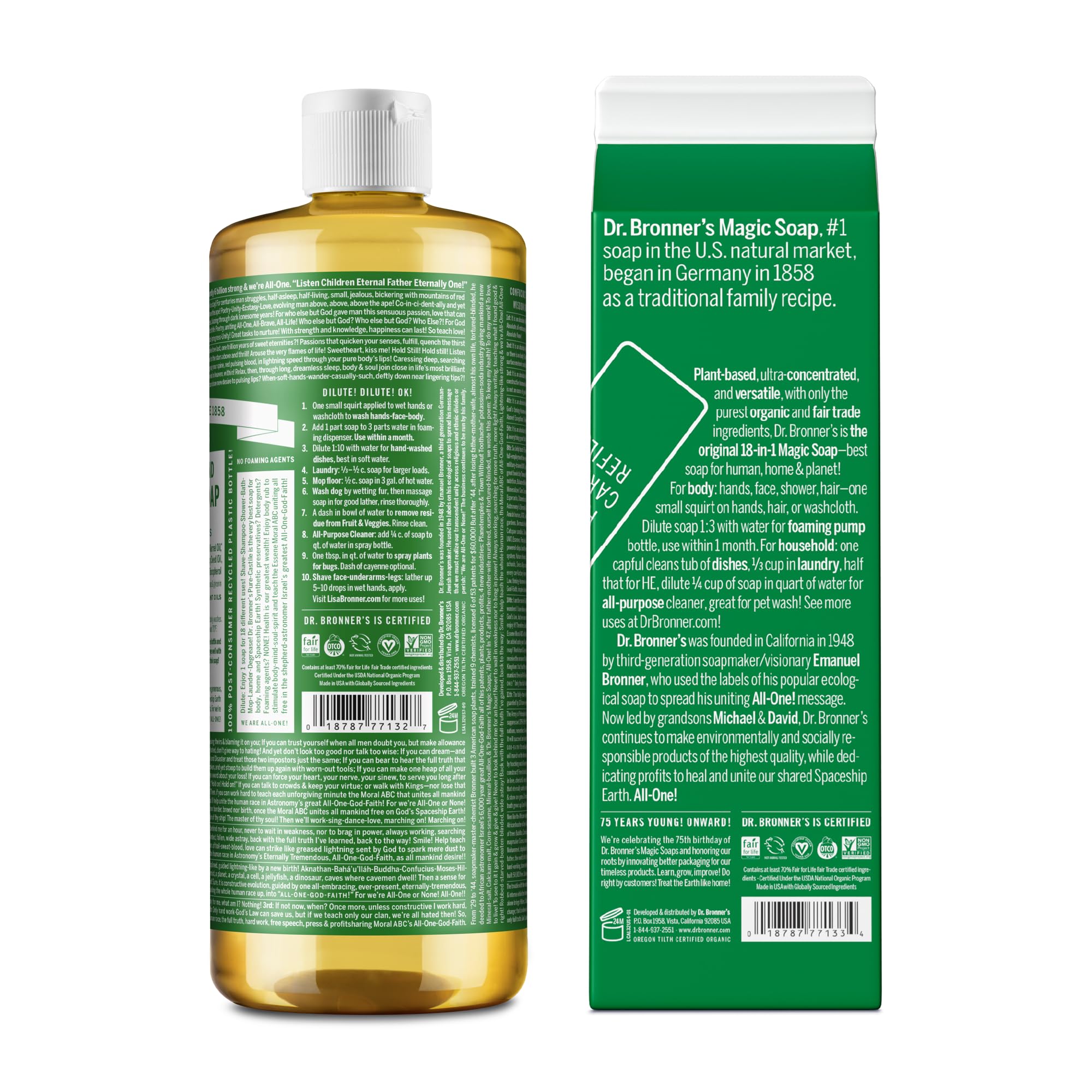 Dr. Bronner 'S - Pure-Castile Liquid Soap Bottle & Refill Carton Made With 82% Less Plastic (Almond, 32 Oz) - Face, Body, Hair,