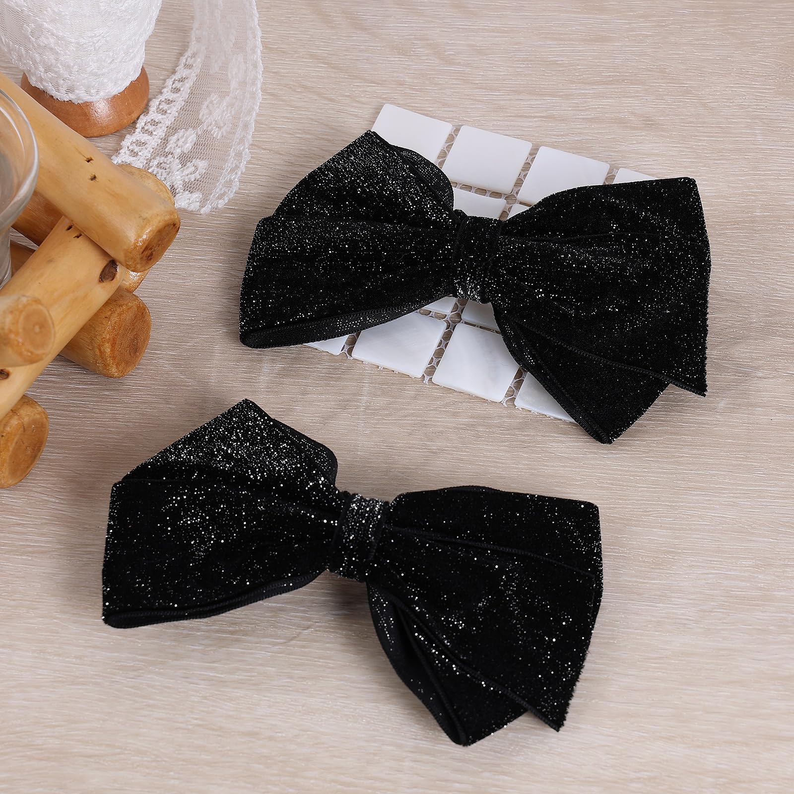 2Pcs Black Velvet Hair Bows 4.5'' Glitter Velvet Ribbon Alligator Clips Hair Barrettes Cute Fall Bowknot Decor Accessories For L