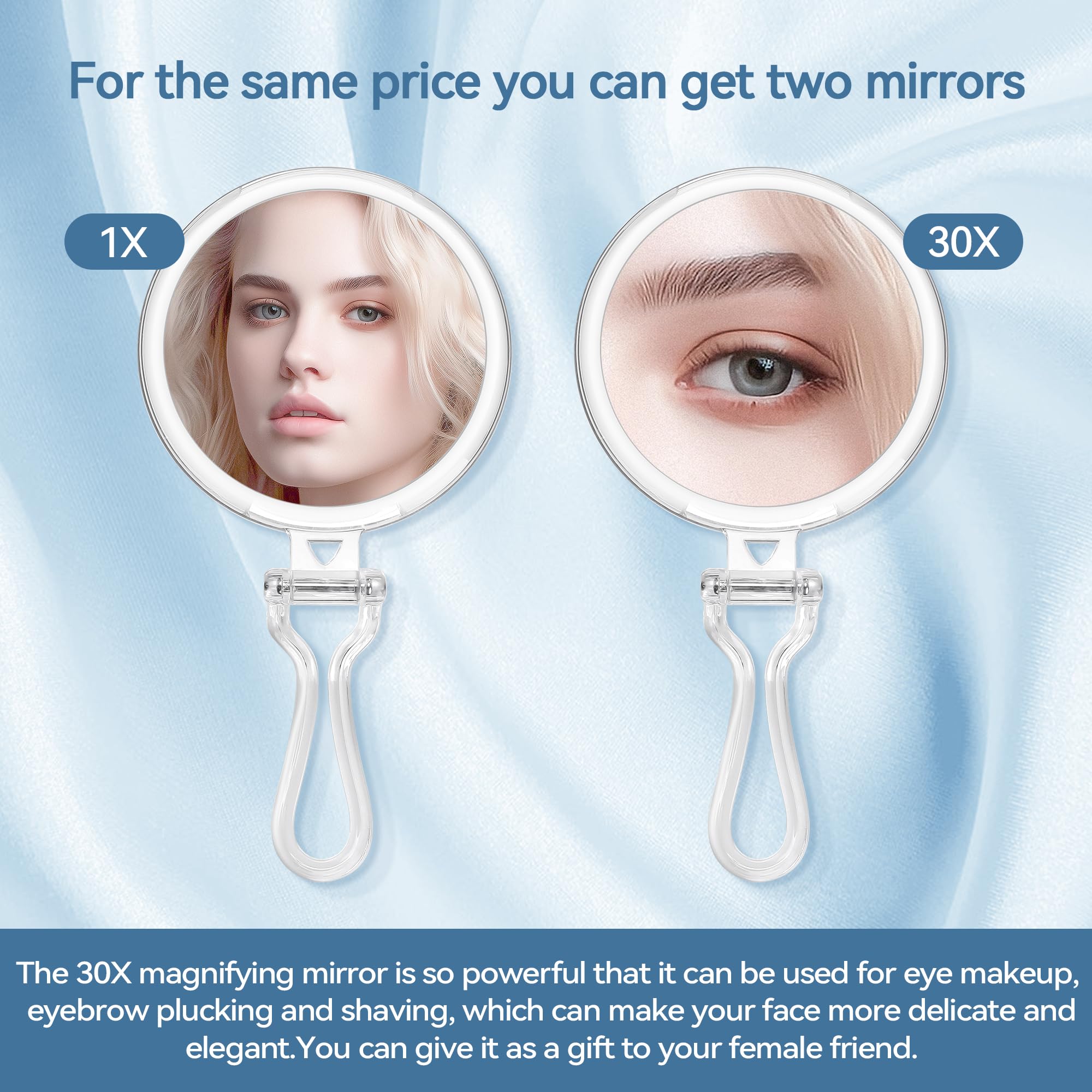 B Beauty Planet 30X Magnifying Hand Mirror - Double-Sided, Clear, 5"L x 5"W, Travel-Friendly with Handle