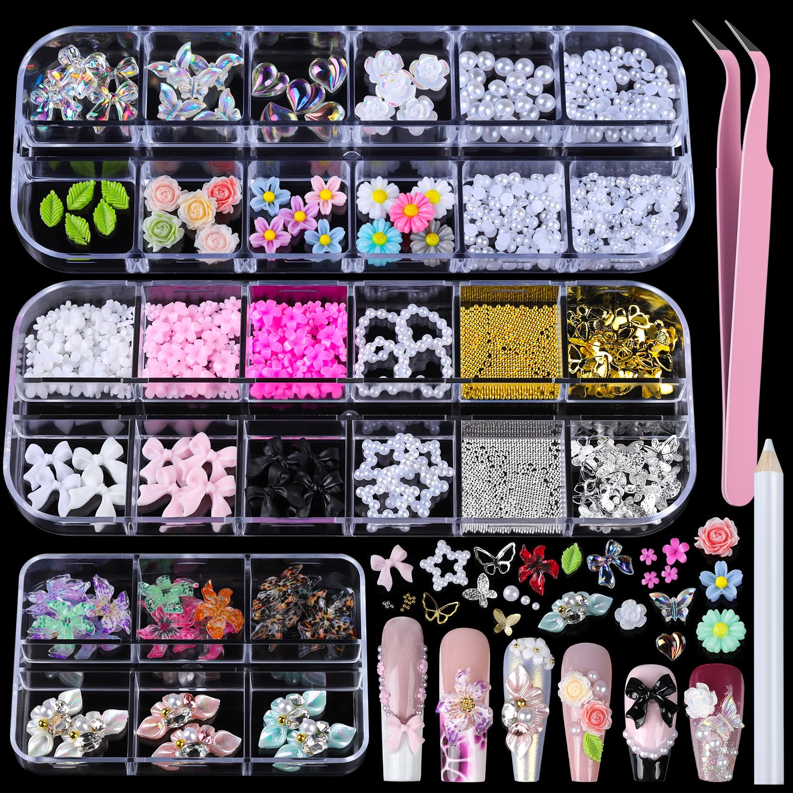 Teenitor Nail Charms and Gems Nail Art Tools, 3 Box 3D Flower Nail Charms for Nails Design Tools, Nail Pearls Nails Supplies, Bu