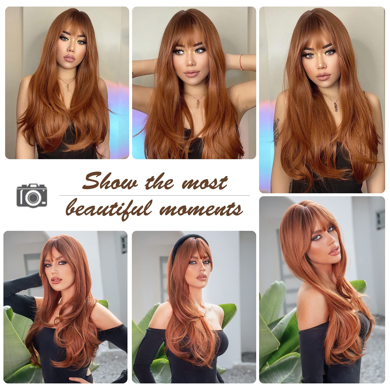 HAIRCUBE Long Auburn Wig with Bangs Layered Curly Orange Wigs for Women Natural Synthetic Wigs for Daily Use (pelucas de cabello