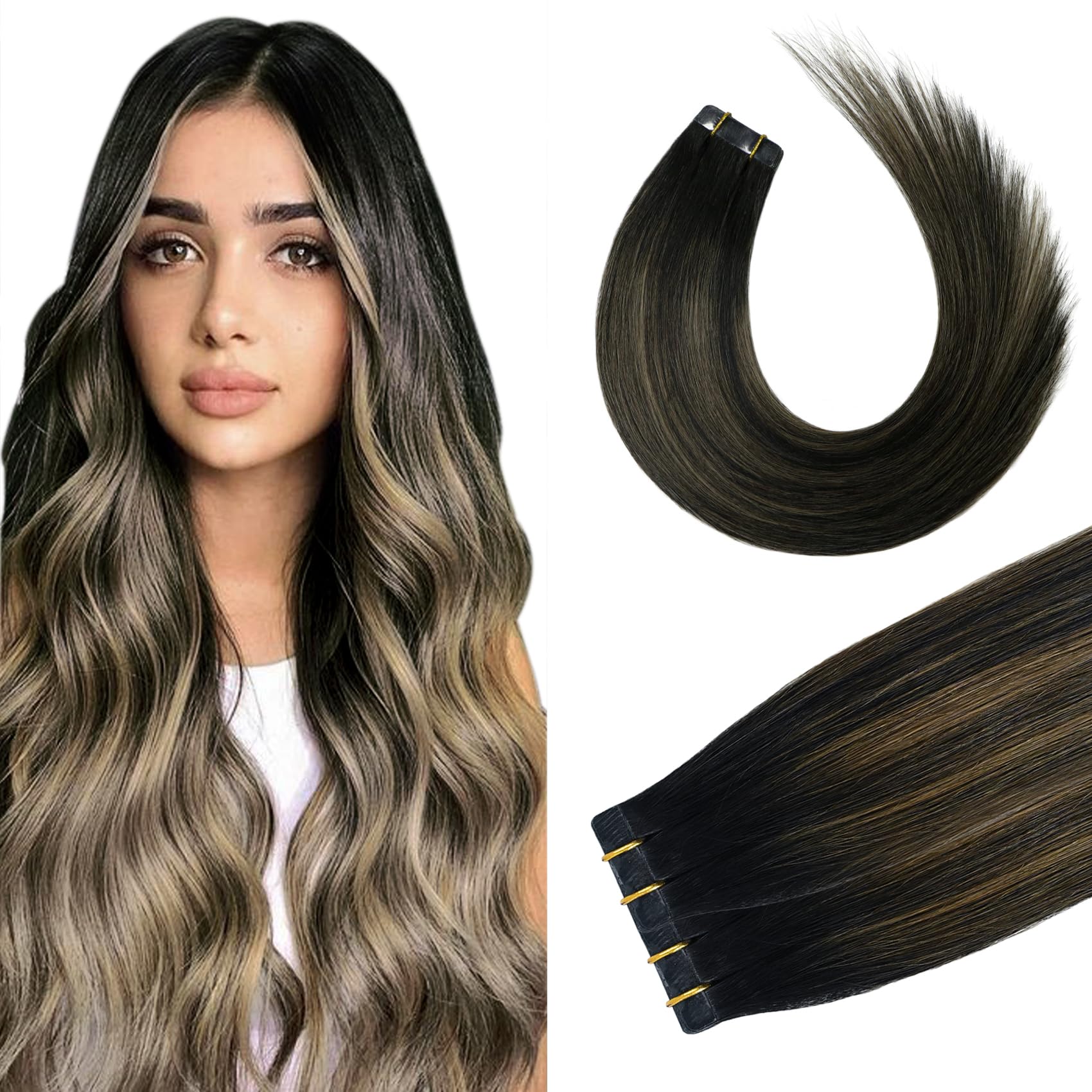 Tape In Hair Extensions 1Bt6P1B Natural Black To Chestnut Brown 100% Remy Human Hair Extensions Silky Straight For Fashion Women