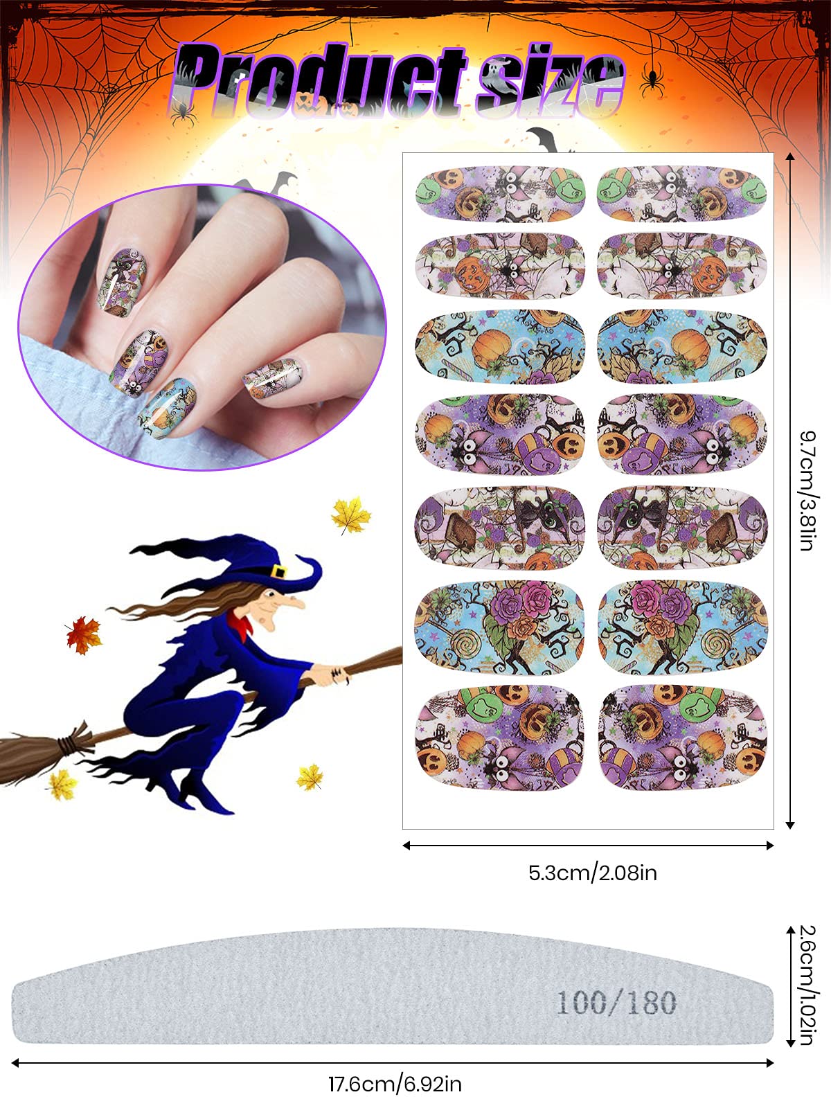 Ebanku 14 Sheets Full Wrap Adhesive Nail Polish Stickers, Cute Ghost Pumpkin Witch Nail Polish Strips Wraps For Girls Women