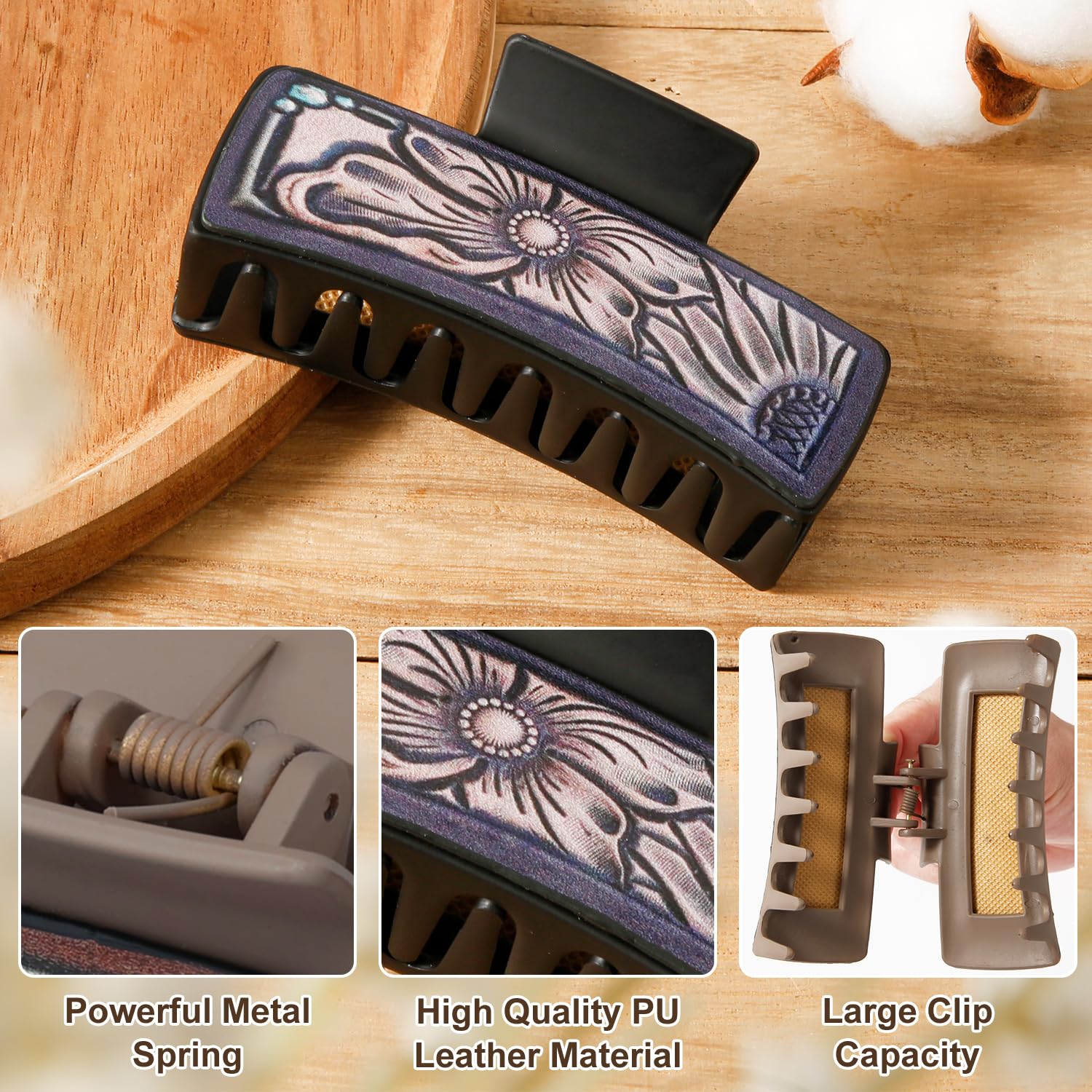 2pcs Western Leather Hair Claw Clips, Square Claw Clips with 2 Patterns Large Aesthetic Claw Hairpins Cowhide Hair Accessories f