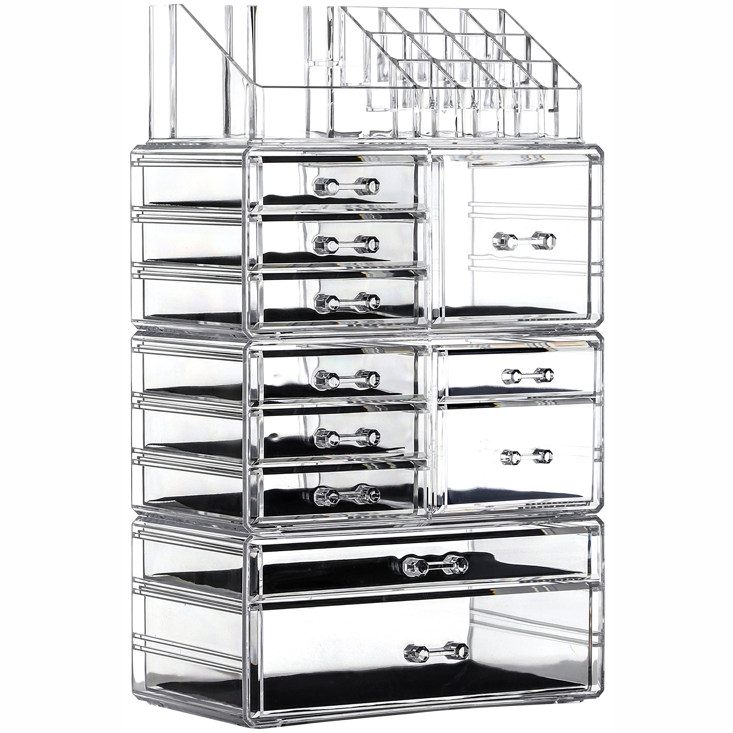 Cq acrylic 4 Pack Clear Make Up Organizers for Vanity, Stackable 11 Drawers Make Up Organizer,Cute Desk Organizer for Vanity Jew