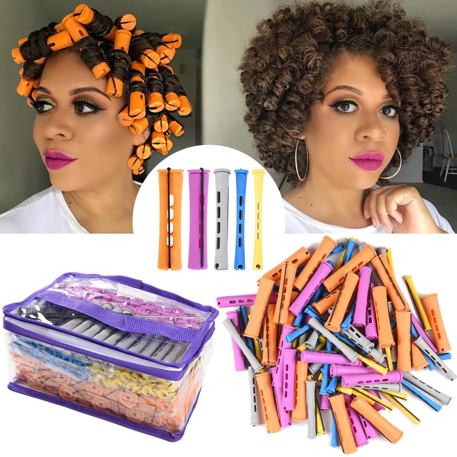 100pcs Perm Rods Set - 5 Sizes Cold Wave Rollers for Natural Curling, Styling and Hairdressing (Orange, Purple, Gray, Blue, Yell