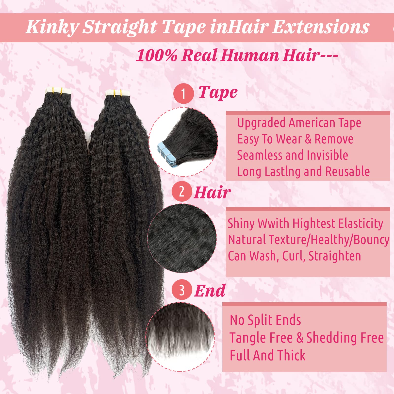 Black Tape In Extensions Human Hair Kinky Straight Tape In Extensions Natural Black 40 Pieces 100G Full Head Real Hair Extension