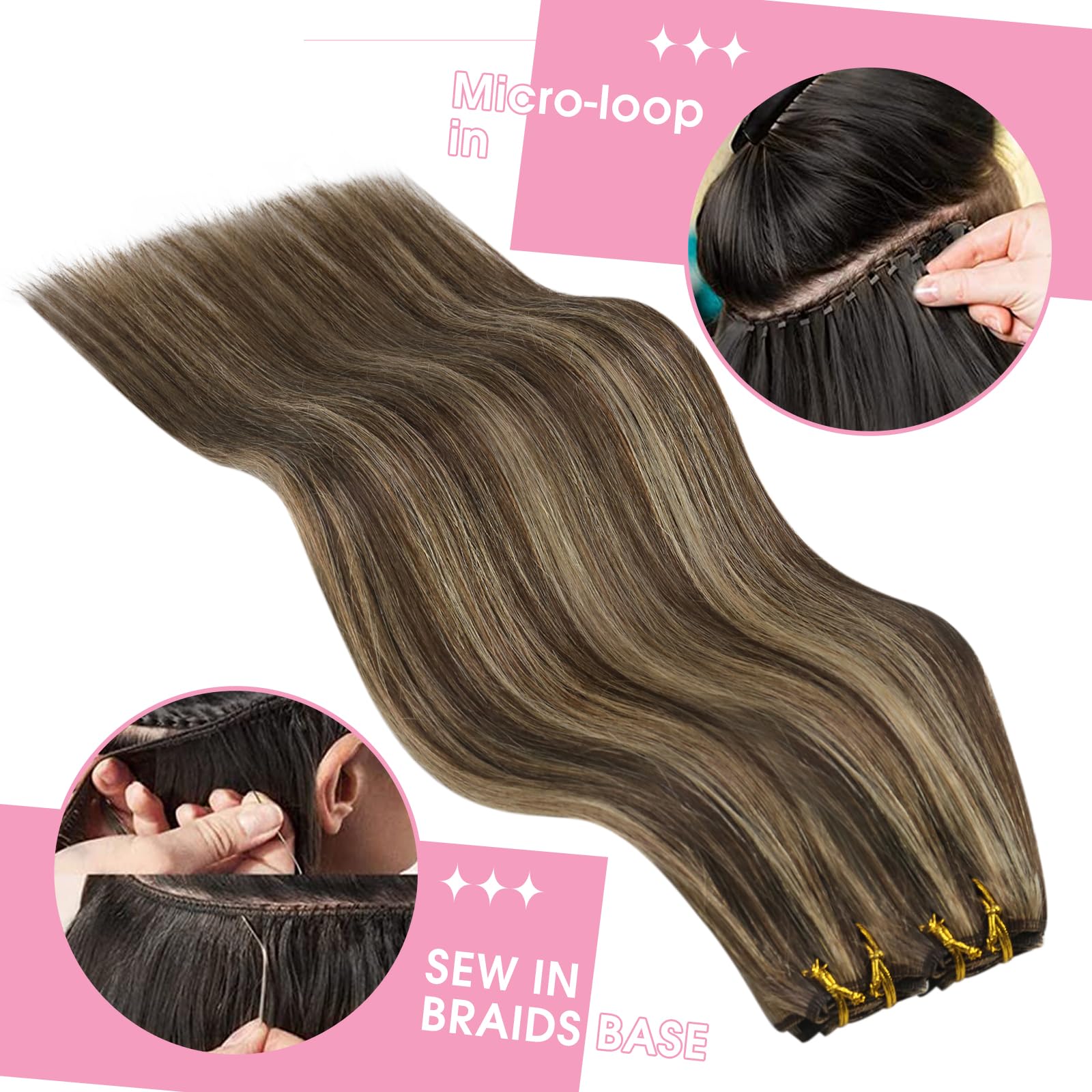 YoungSee Sew in Hair Extensions Real Human Hair Highlights 22Inch 100G Brown Weft Extensions
