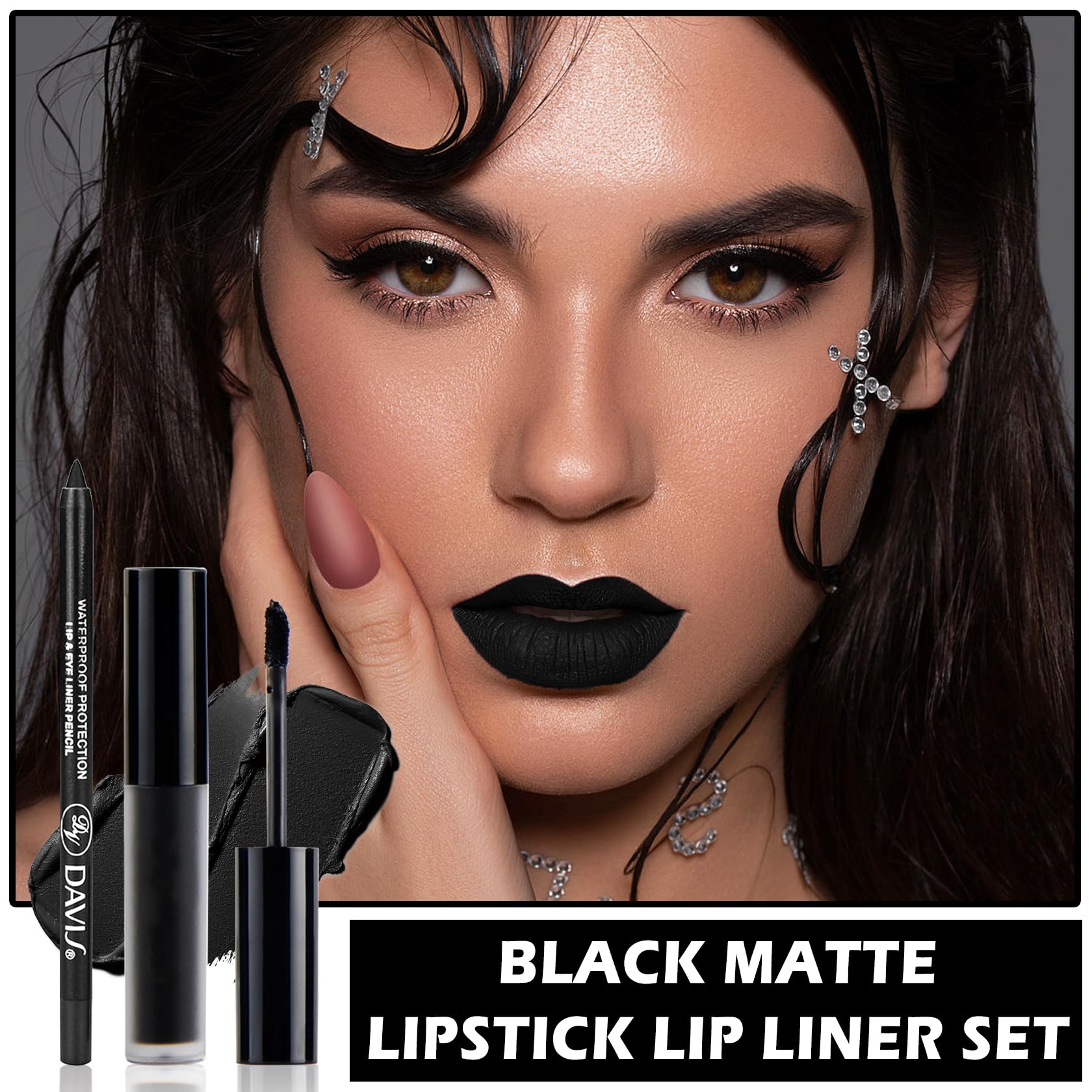 Zhishudl Matte Black Lipstick Lip Liner Set Black Liquid Lipstick Lip Tint Stain High Pigmented Black Lip Liner And Lip Gloss Se
