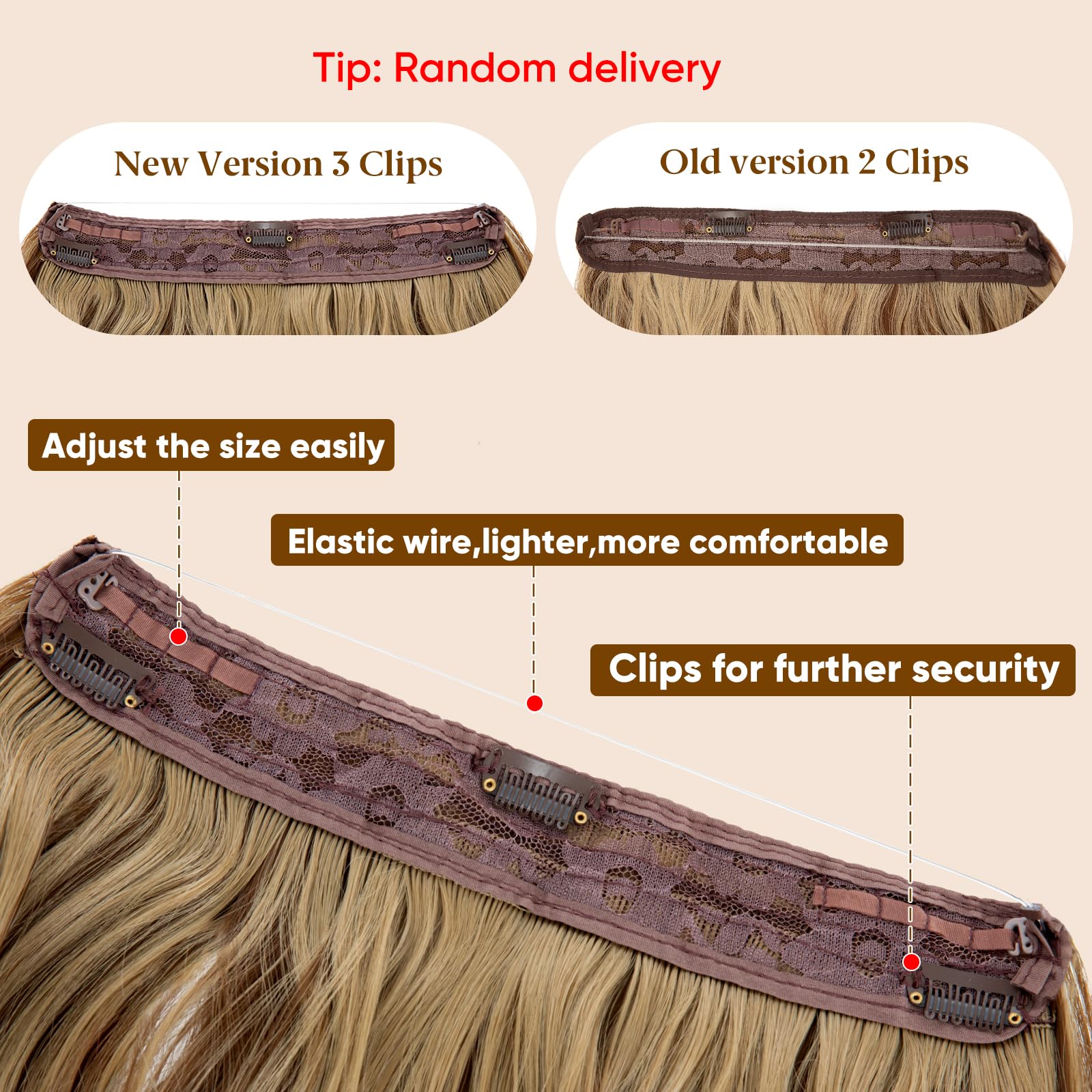 Sarla Invisible Wire Hair Extension With 3 Clips Synthetic Long Beach Wave Hairpiece Transparent Adjustable Headband For Women 2
