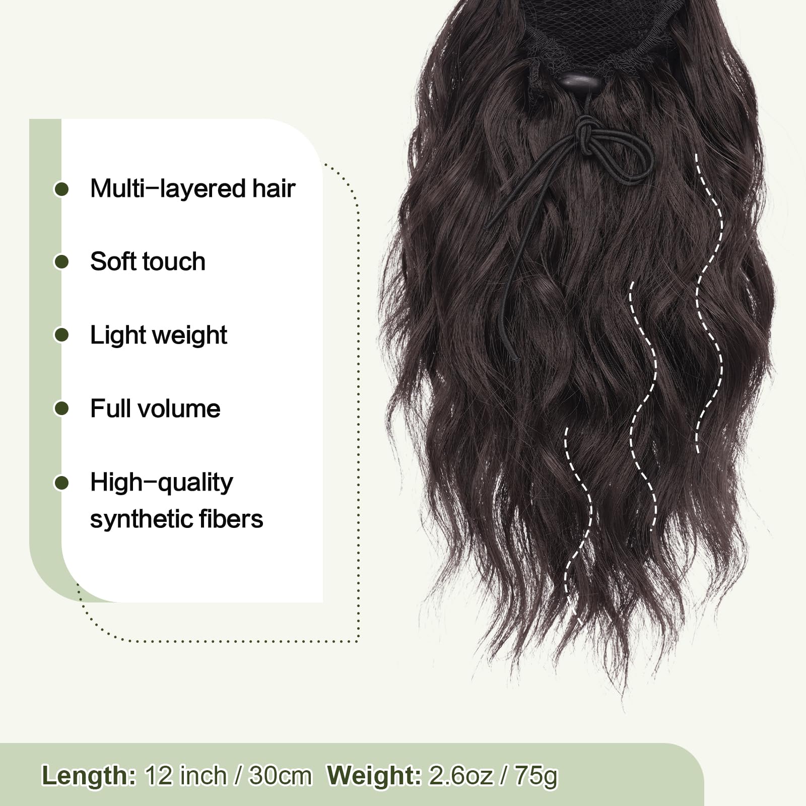 Feshfen Ponytail Extensions, Drawstring Ponytails Hair Extension Dark Brown Short Curly Wavy Hair Piece Synthetic Brown Pony Tai