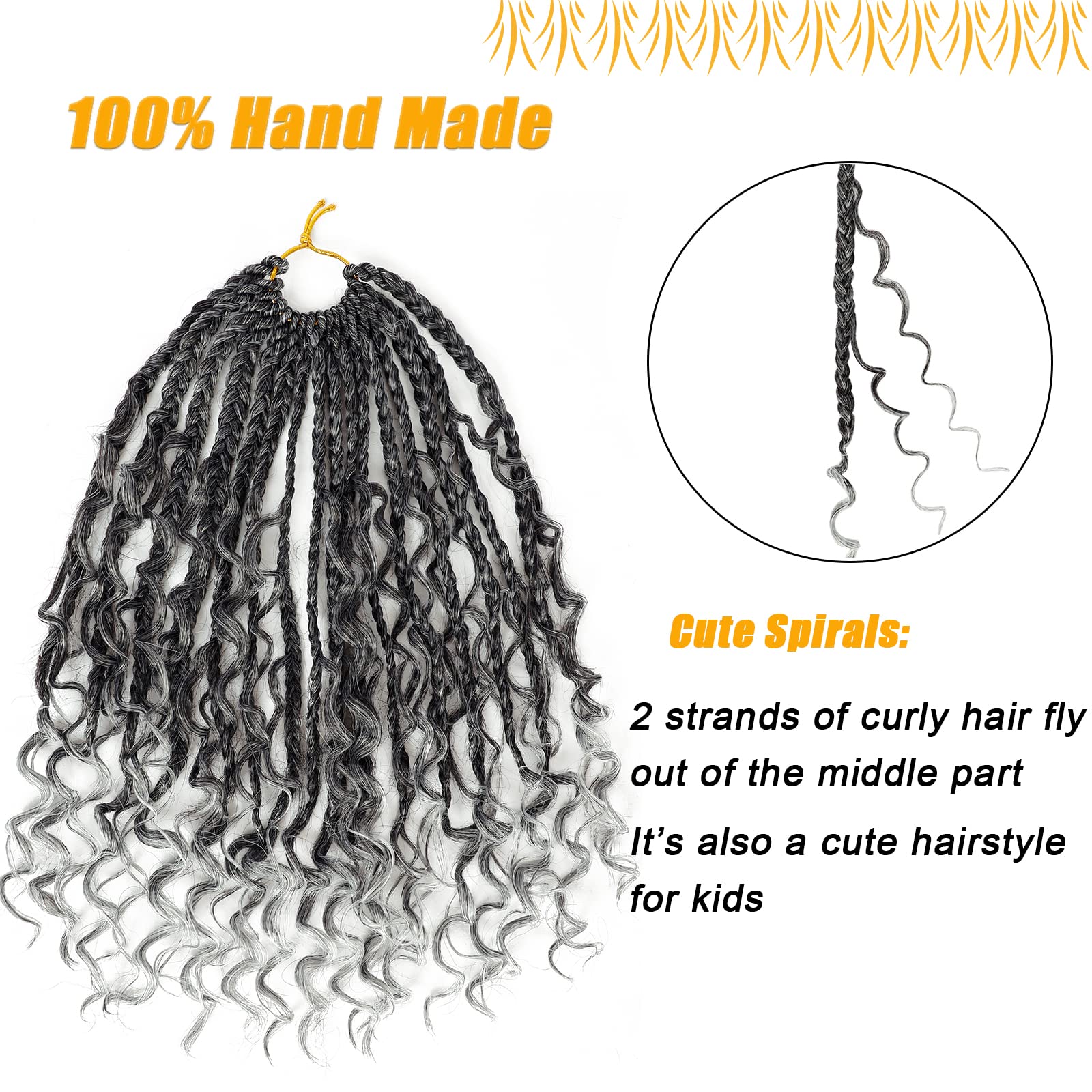 Goddess Box Braids Crochet Hair 14 Inch 8 Packs Pre-Looped Bohomian Crochet Box Braids Curly Ends 3X Gray Crochet Braids For Wom