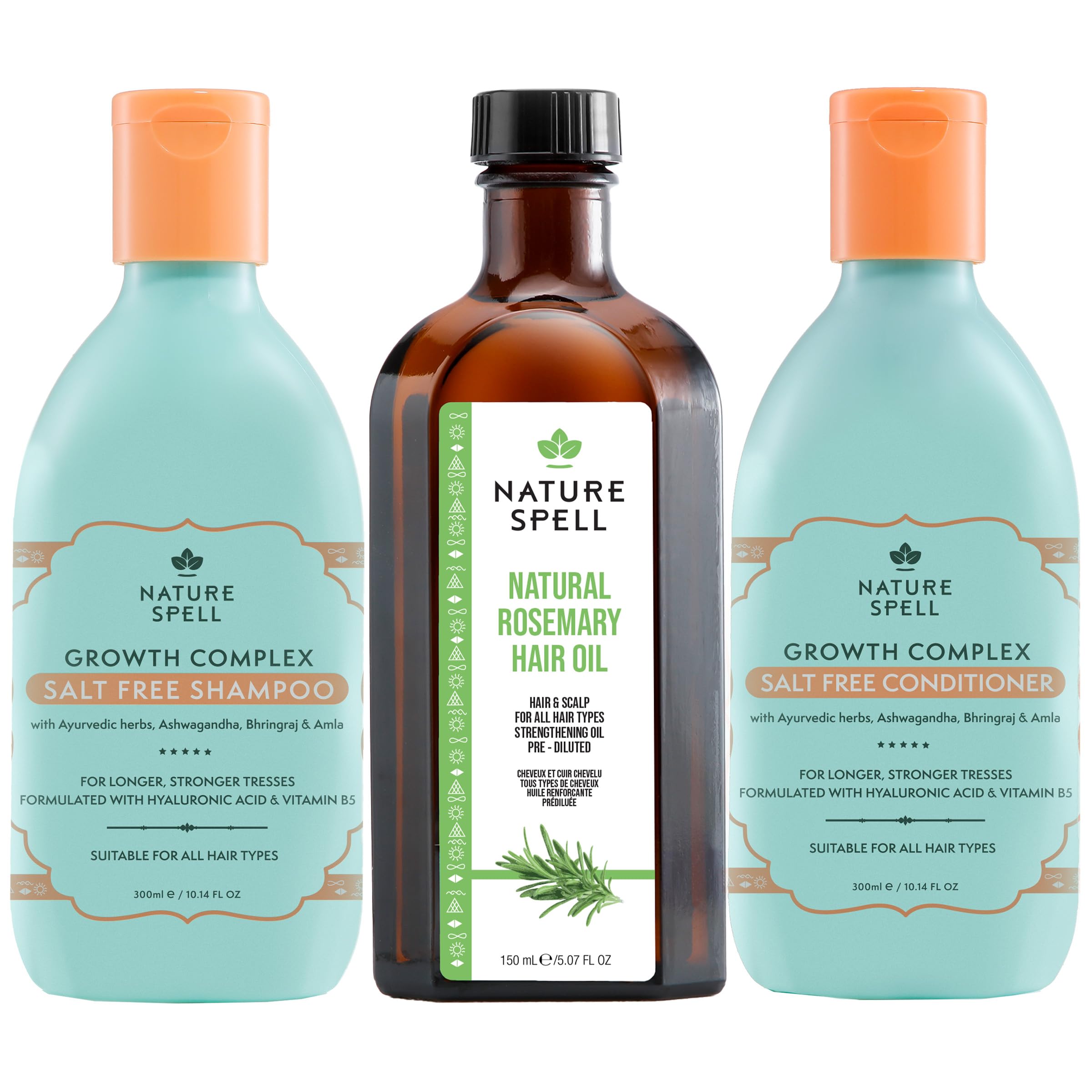 Nature Spell Hair Growth Trio, Pre-Diluted Rosemary Oil for Hair & Scalp, Shampoo & Conditioner Set, Sulphate-Free, Colour-Safe,