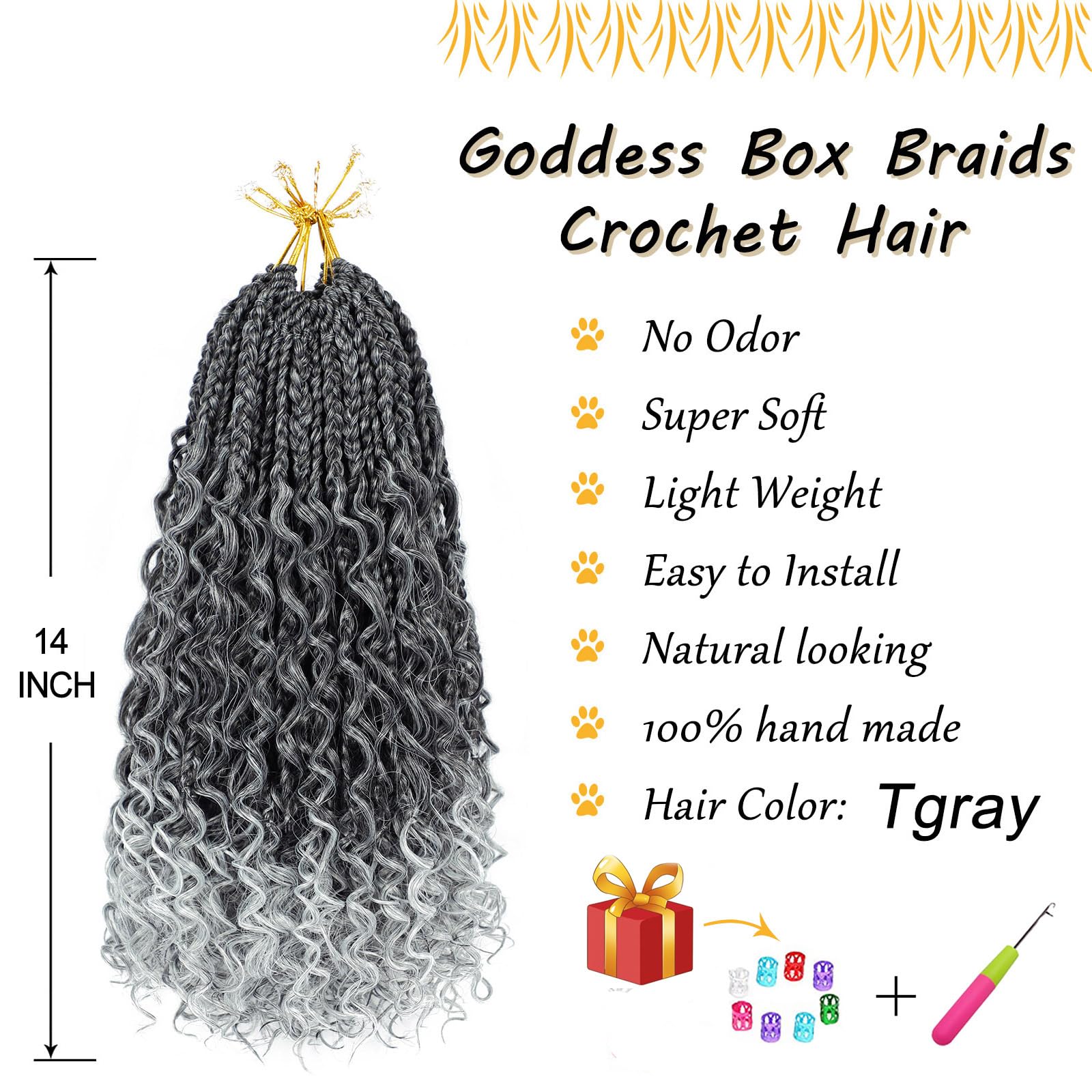 Goddess Box Braids Crochet Hair 14 Inch 8 Packs Pre-Looped Bohomian Crochet Box Braids Curly Ends 3X Gray Crochet Braids For Wom