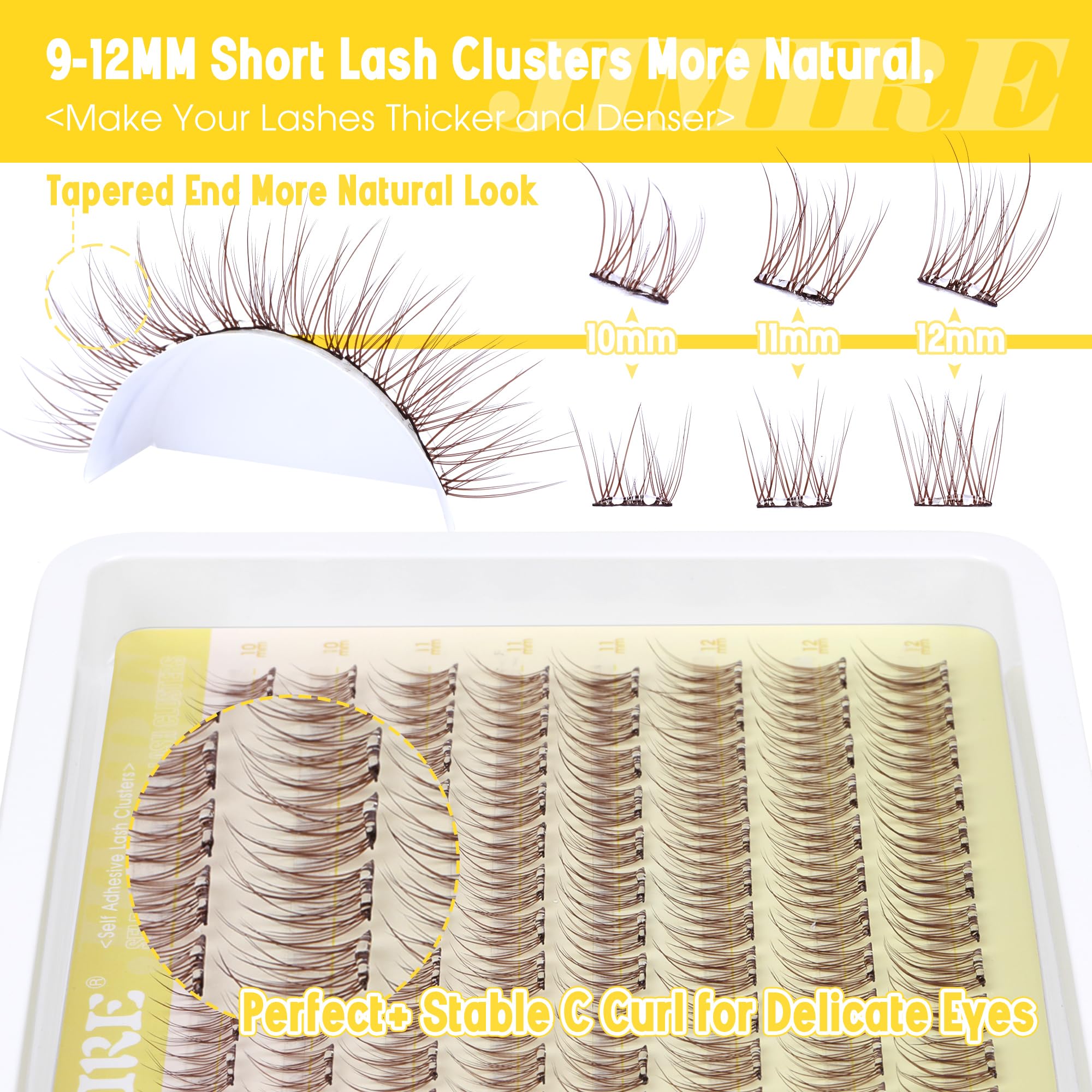 Jimire Brown Self Adhesive Eyelashes Press On Lash Clusters Natural Look Pre Glued Brown Cluster Eyelash Extension Wispy 10-12Mm