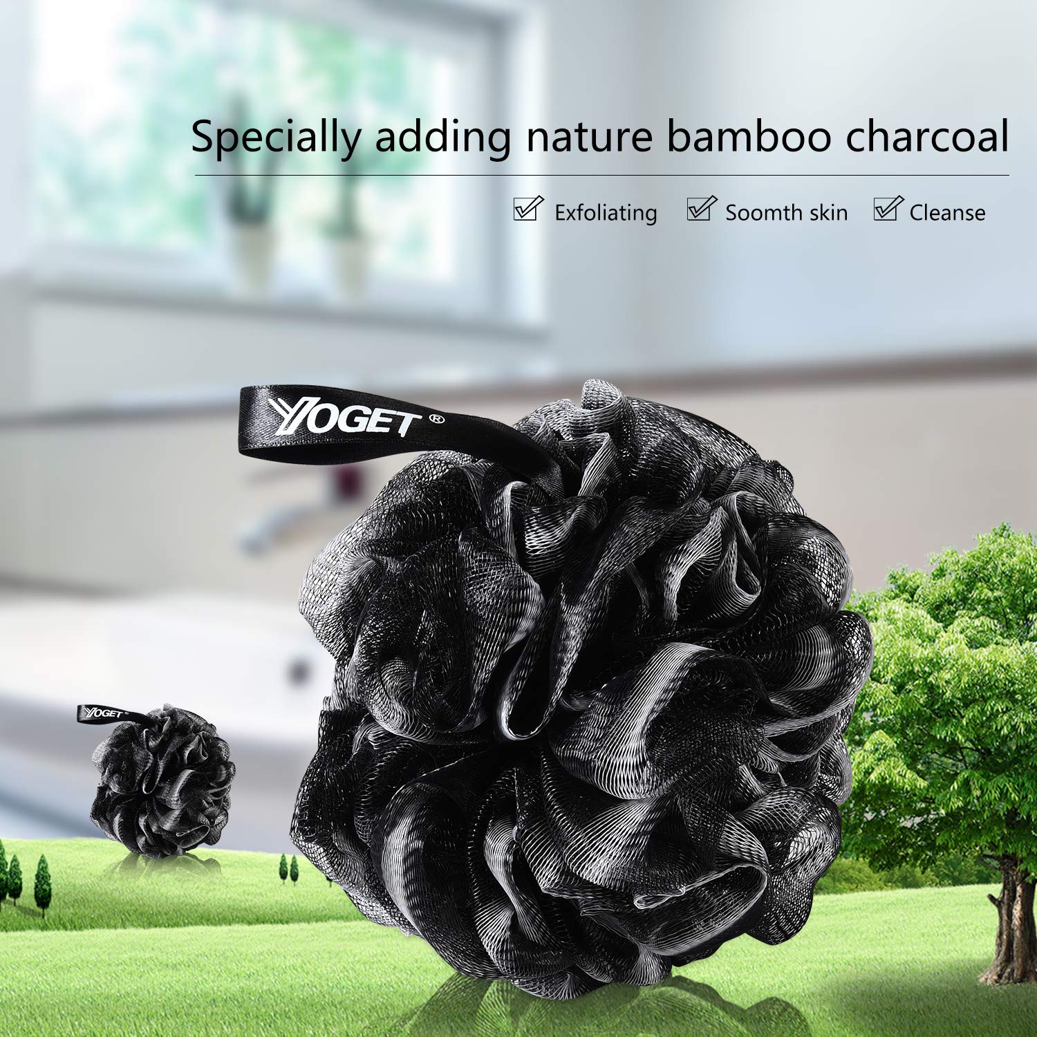 Yoget Charcoal Bath Loofah Sponge, 4 Pack Black 60G Large Shower Mesh Ball Soft Pouf Body Scrubber, Exfoliate, Cleanse, Soothe S