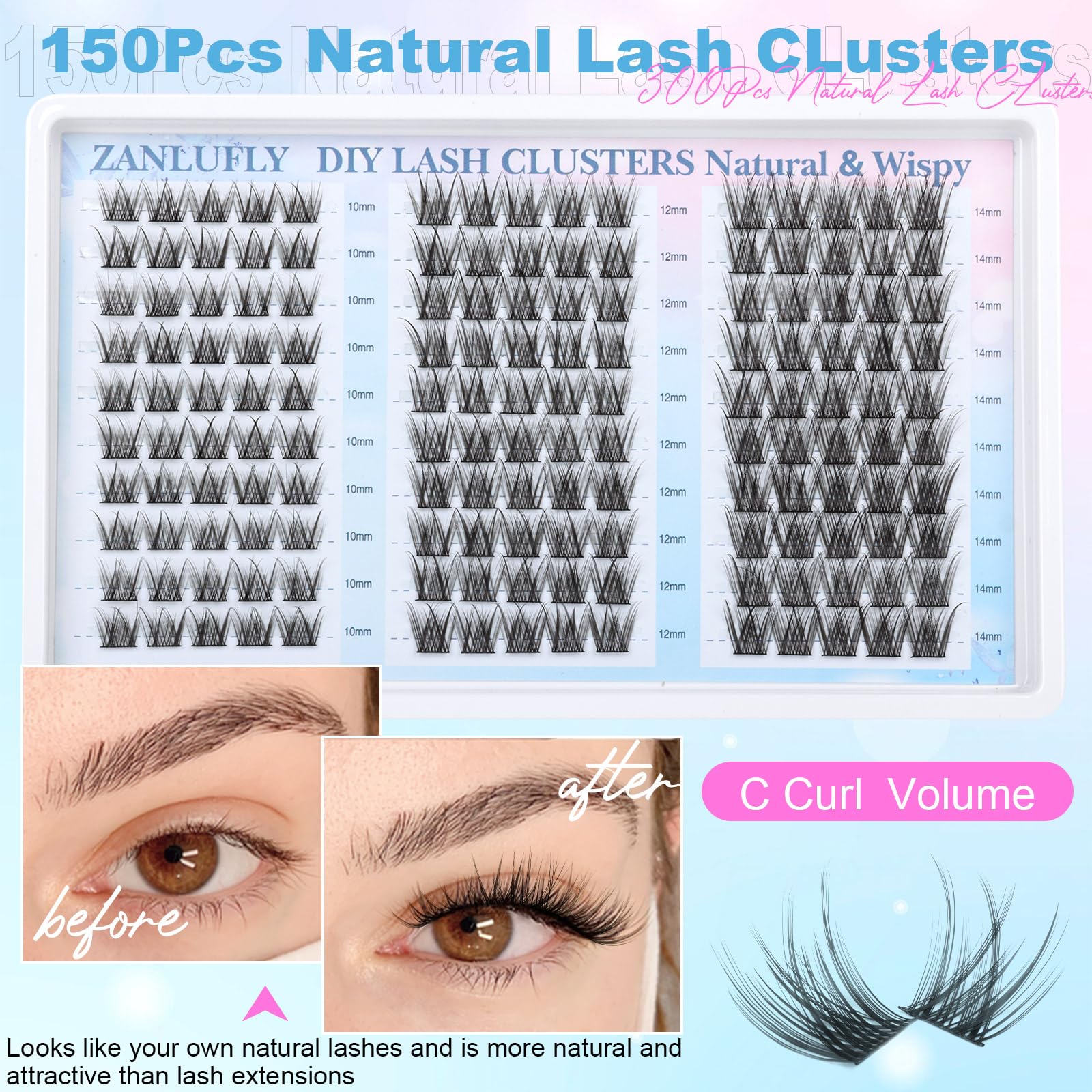 zanlufly Lash Clusters - Wispy C-Curly Individual Eyelash Extensions, 150 Pcs, 10-14MM, Black, Synthetic Fibers