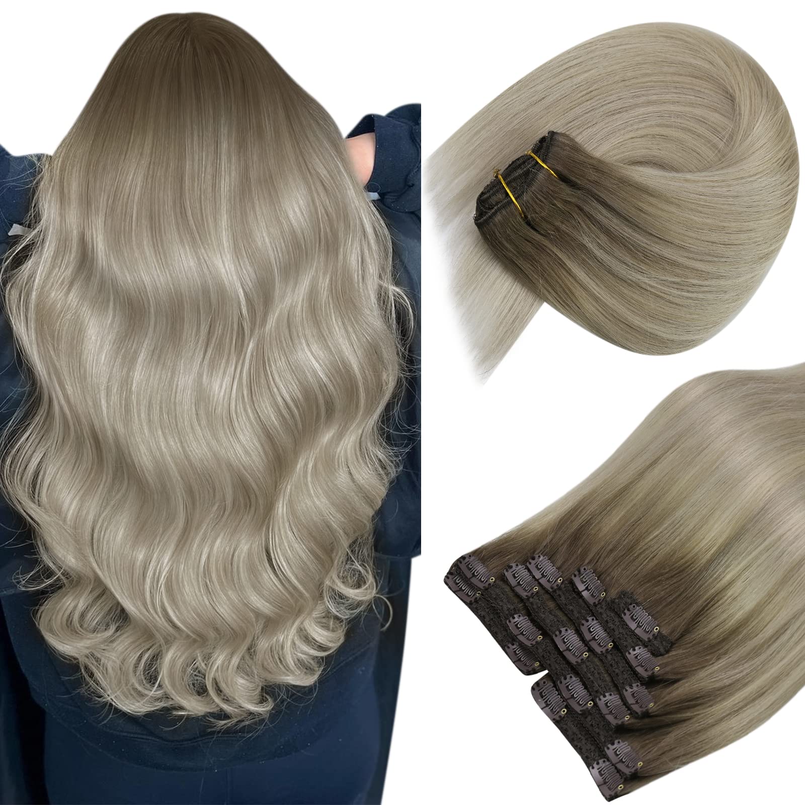 Sunny Ombre clip in Hair Extensions Real Human Hair clip in Remy Hair Extensions Ash Blonde Ombre Sunkissed Blonde Remy clip in