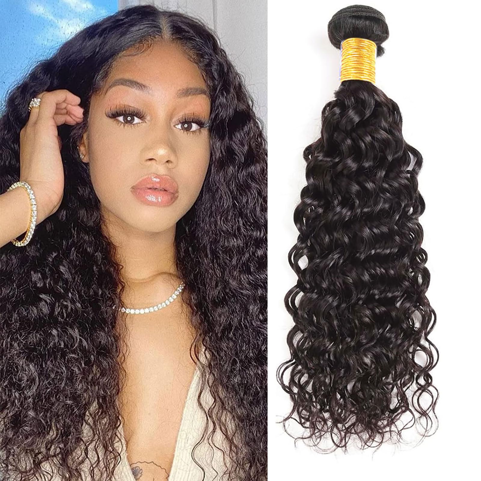 huarisi Water Wave Bundles Human Hair 16 Inch 100% Unprocessed Brazilian Hair Bundles Water Curly Remy Hair Weft Human Hair 1 Bu