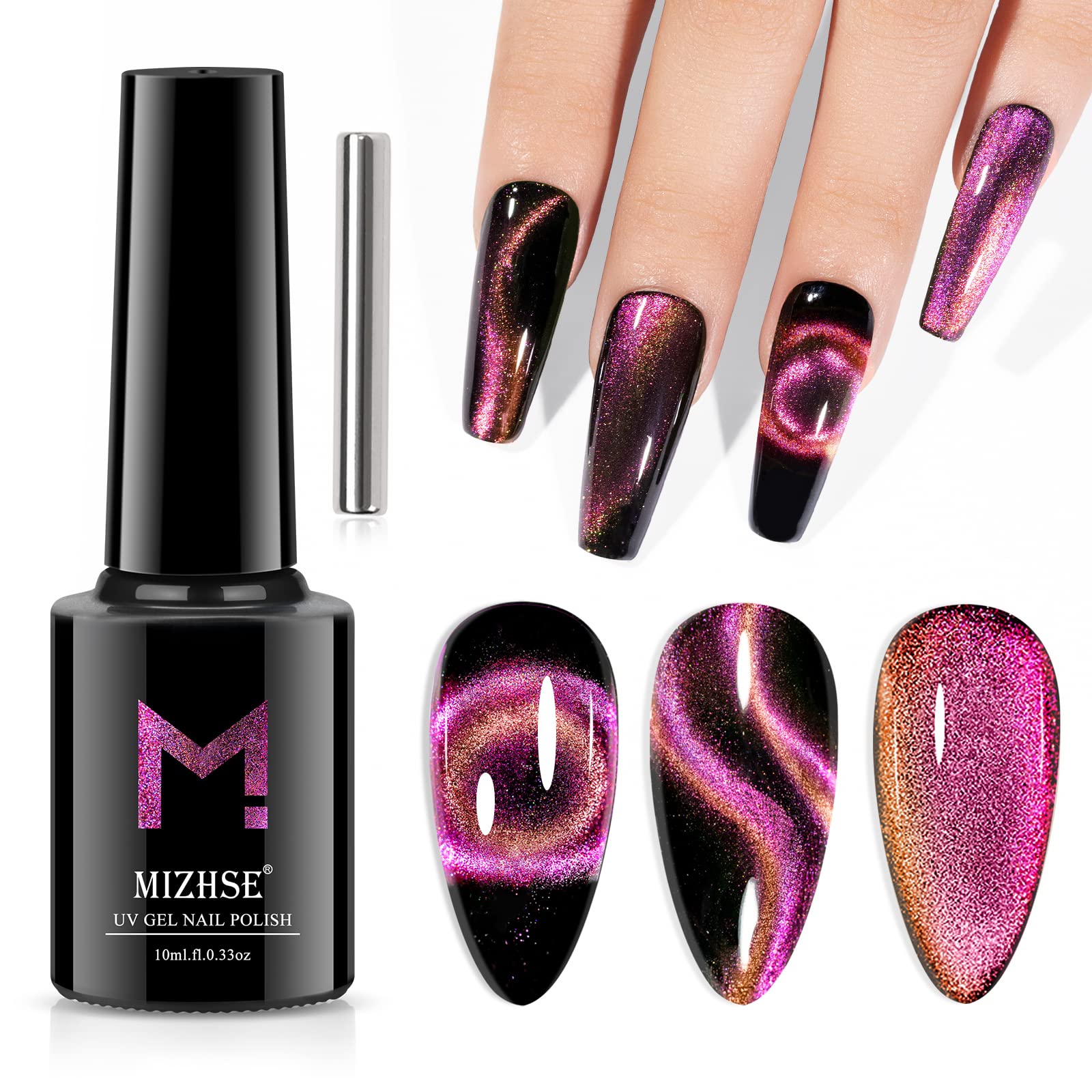 Mizhse 9D Cat Eye Gel Nail Polish 10Ml, Holographic Galaxy Cateye Magnetic Nail Polish Gel, Magic Chameleon Manicure Set(Pink)