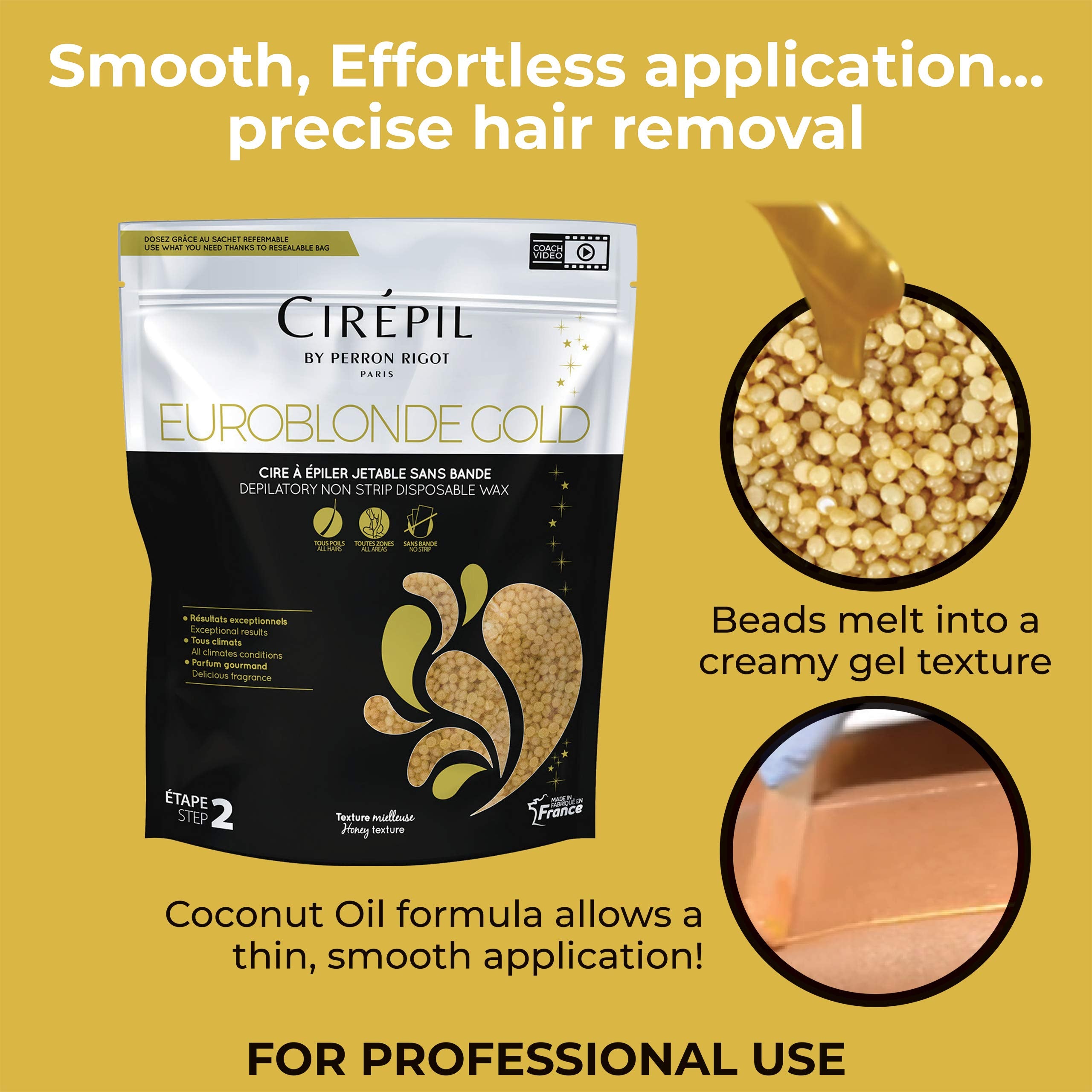 Cirepil - Euroblonde Gold - 800g / 28.22 oz Wax Beads Bag - Light Monoi Scent - Ultra Fluid Gel Texture - All-Purpose & Easy Rem