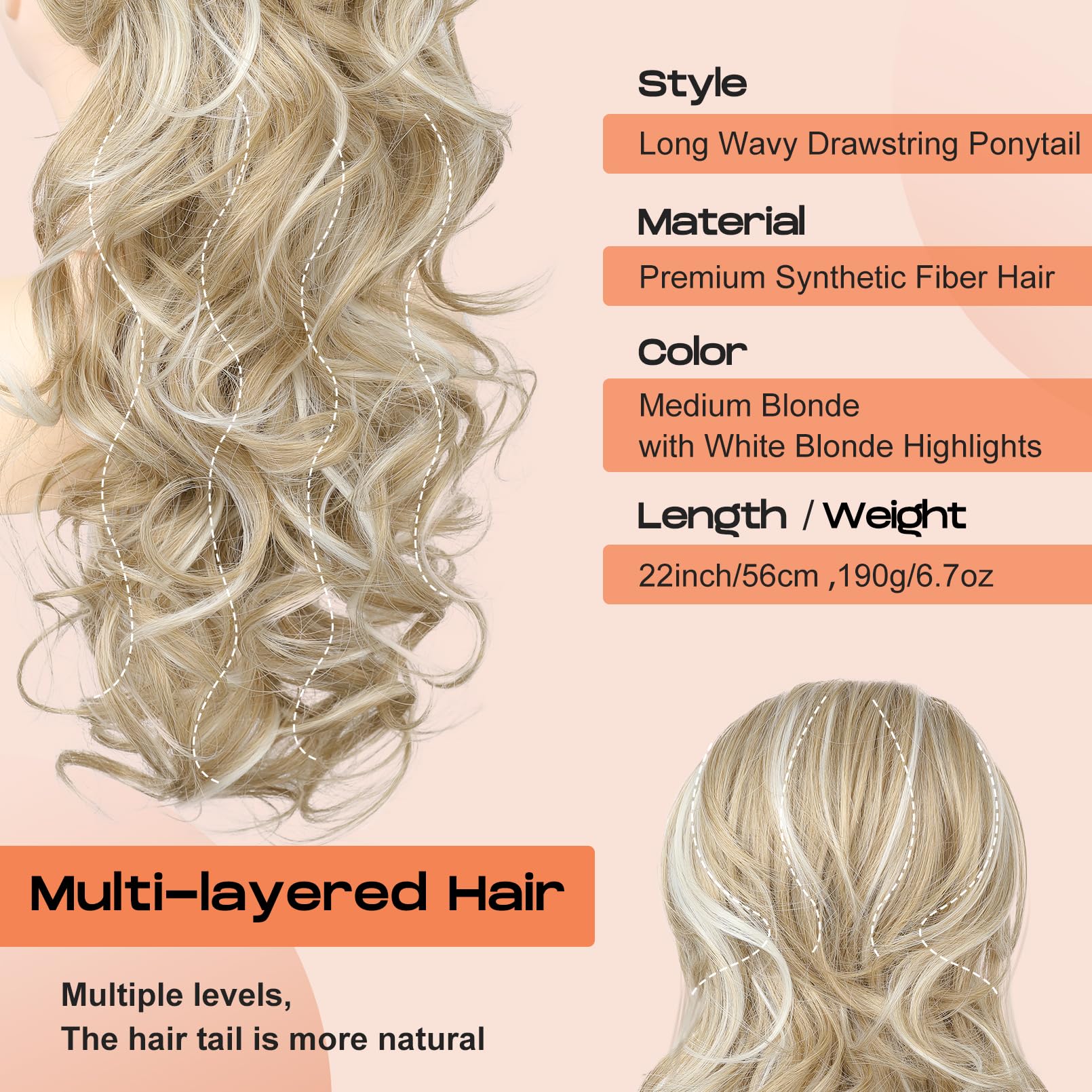 Seikea Ponytail Extension, 22'' Long Wavy Curly Drawstring Ponytail Multi-Layered Fluffy Thick Clip In Hair Extensions Ponytail