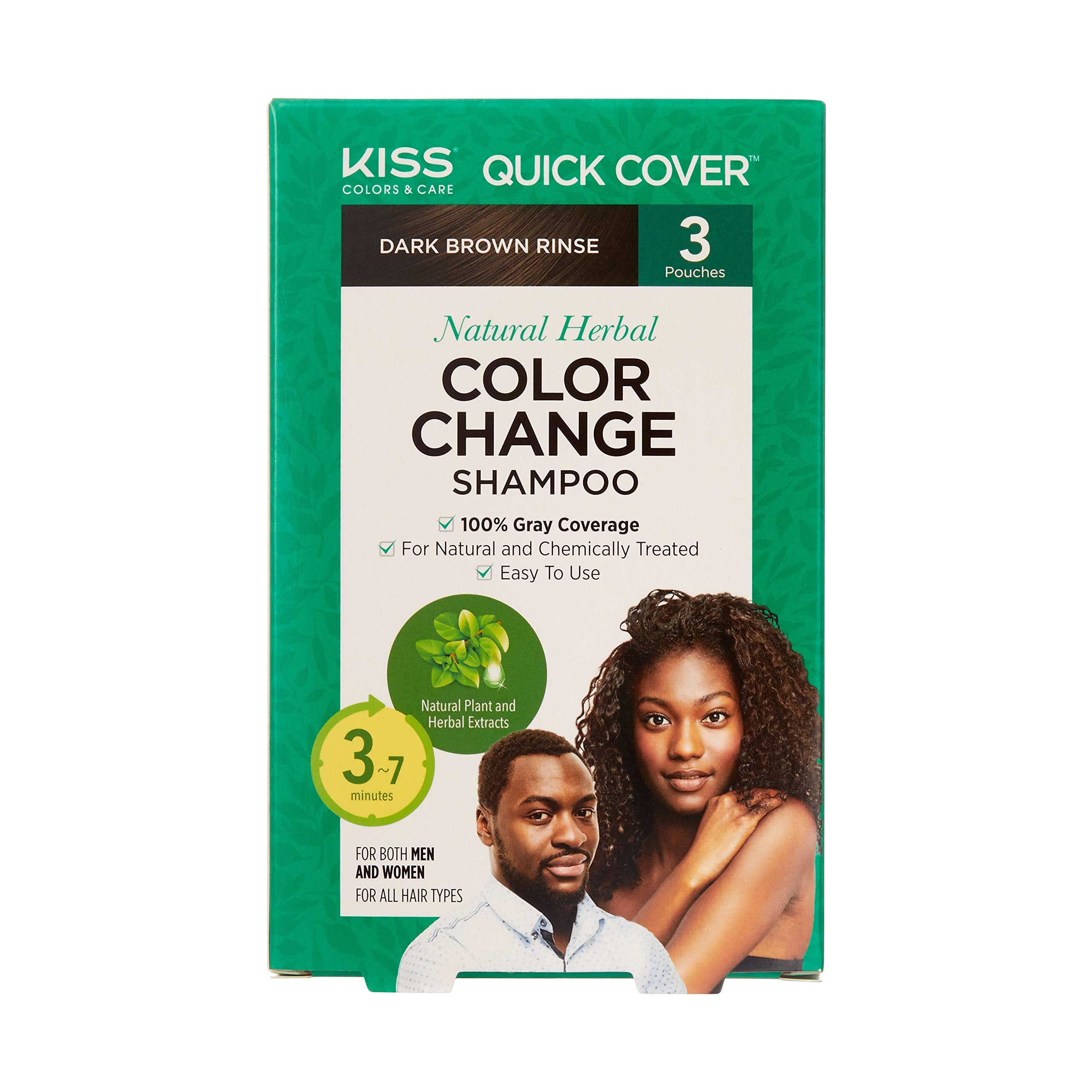 Kiss Quick Cover Natural Herbal Color Change Shampoo 3 Pouches (2 Pack, Dark Brown)