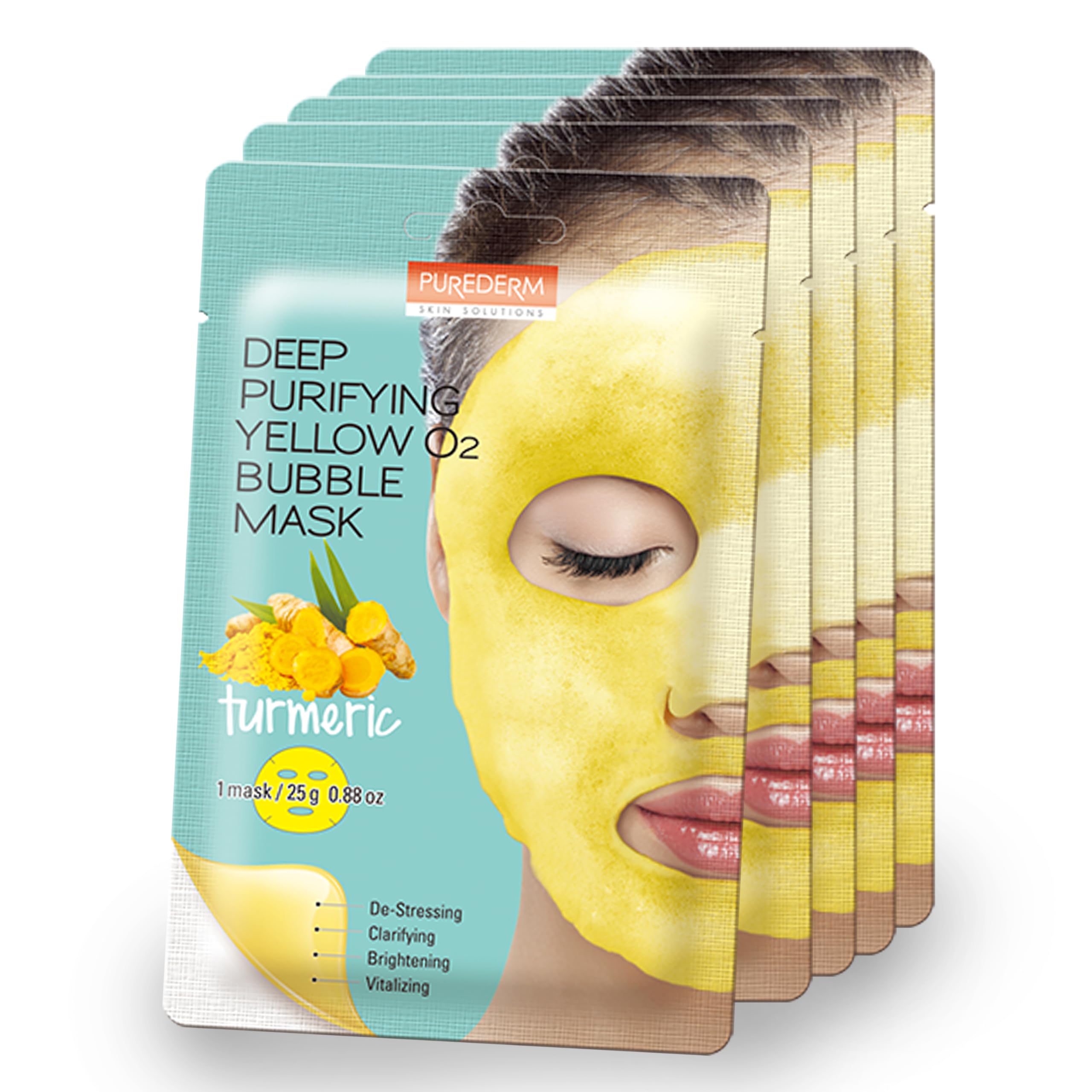 Purederm Deep Purifying Yellow O2 Bubble Mask Turmeric (5 Pack) - Bubble Face Sheet Mask for Purifying & Vitalizing