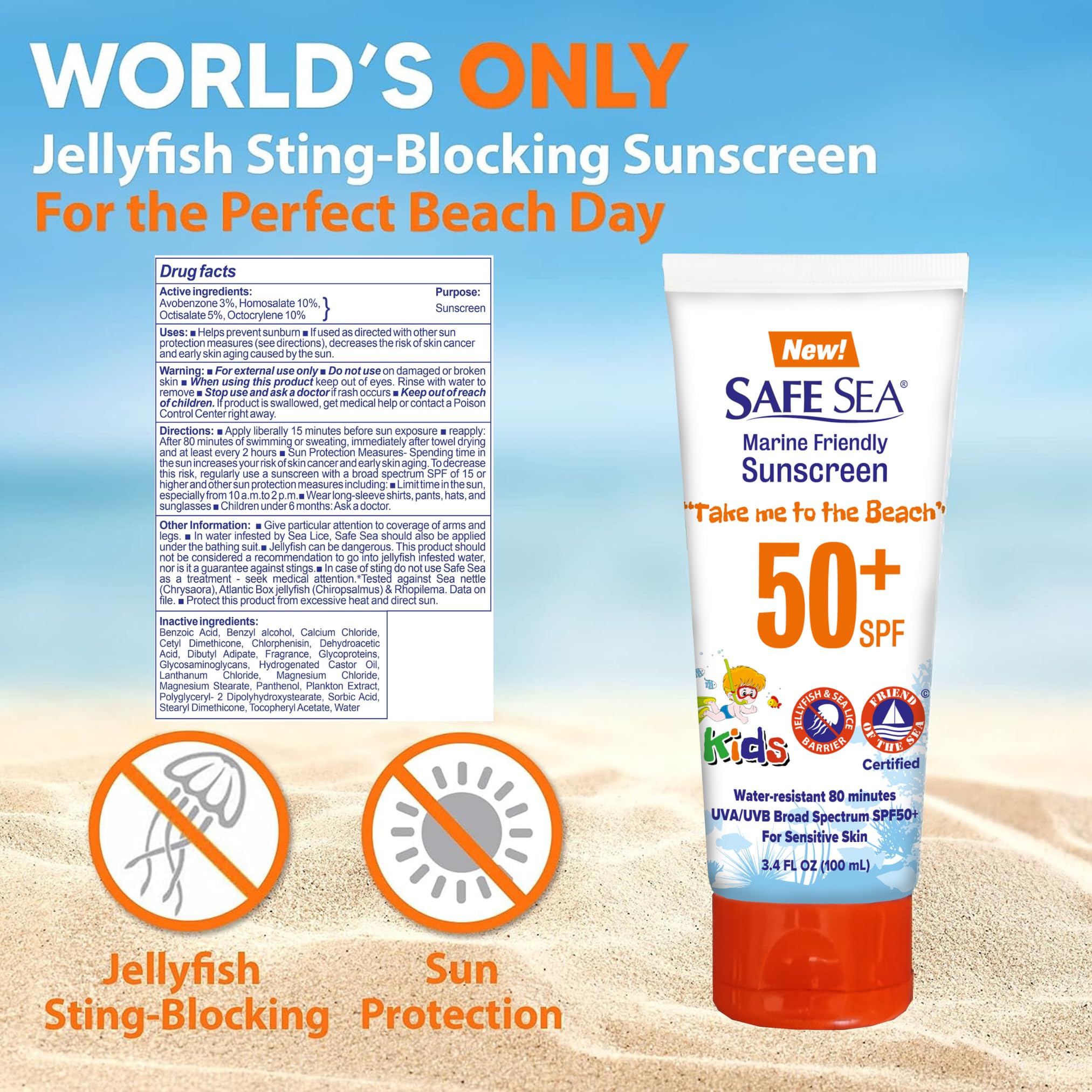 Safe Sea Spf50+ Kids Sunscreen | Travel Size 3.4 Oz. | For Sensitive Skin | Anti-Jellyfish And Sea Lice Sting Protective Lotion