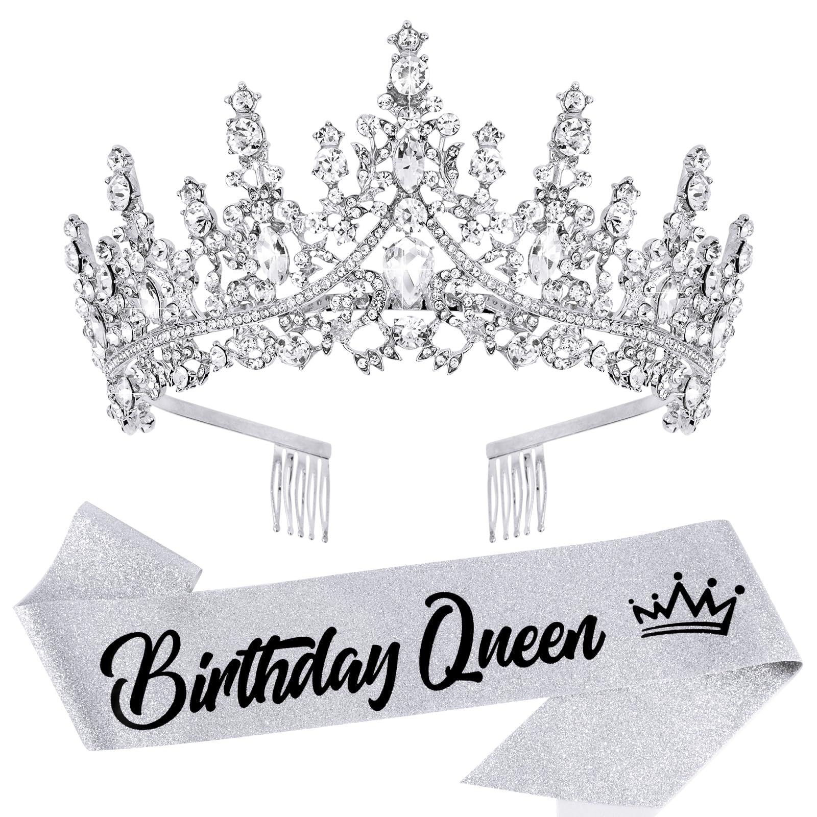 VELSCRUN Silver Crystal Birthday Queen Tiara Crowns for Women Girls Birthday Queen Headband Sash Elegant Princess Crown with Com