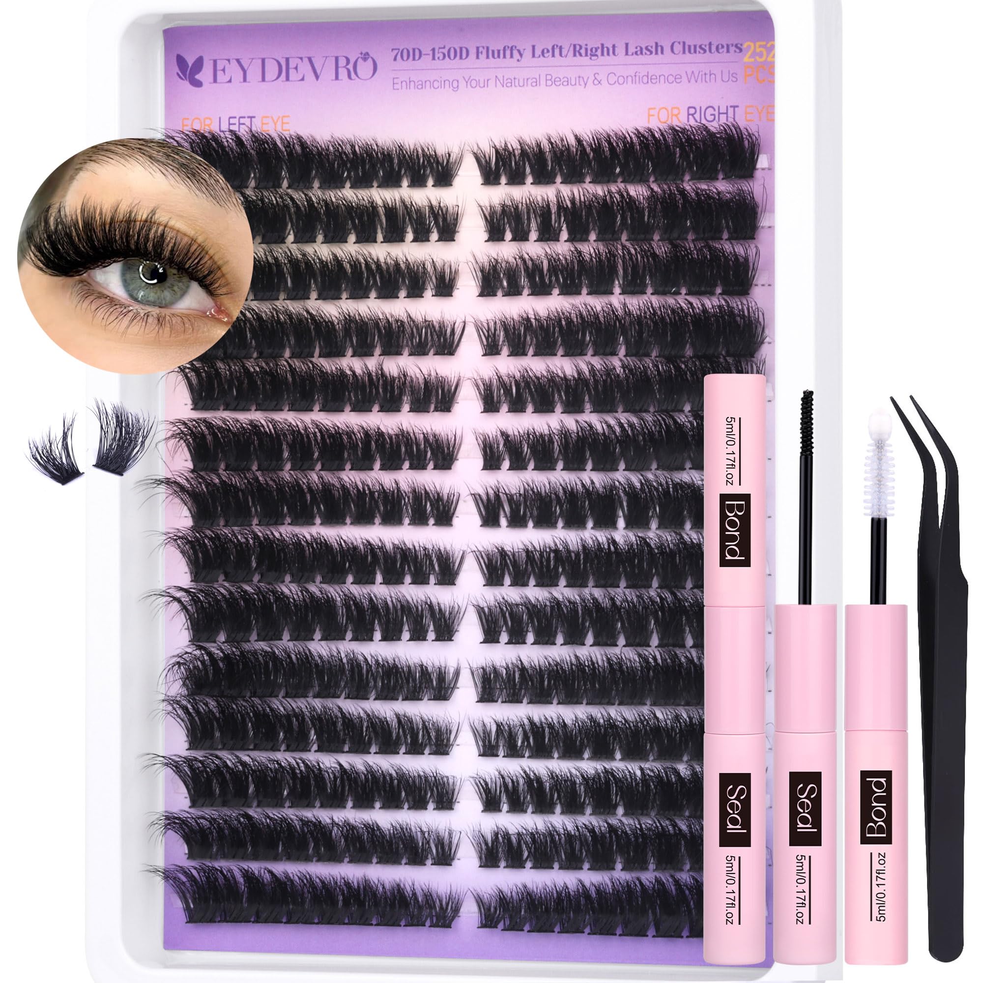 Eydevro Fluffy Lash Clusters Kit 70D-150D Lash Extension Kit Left/Right Cluster Eyelash Extension Kit Mega Volume Clusters Lashe